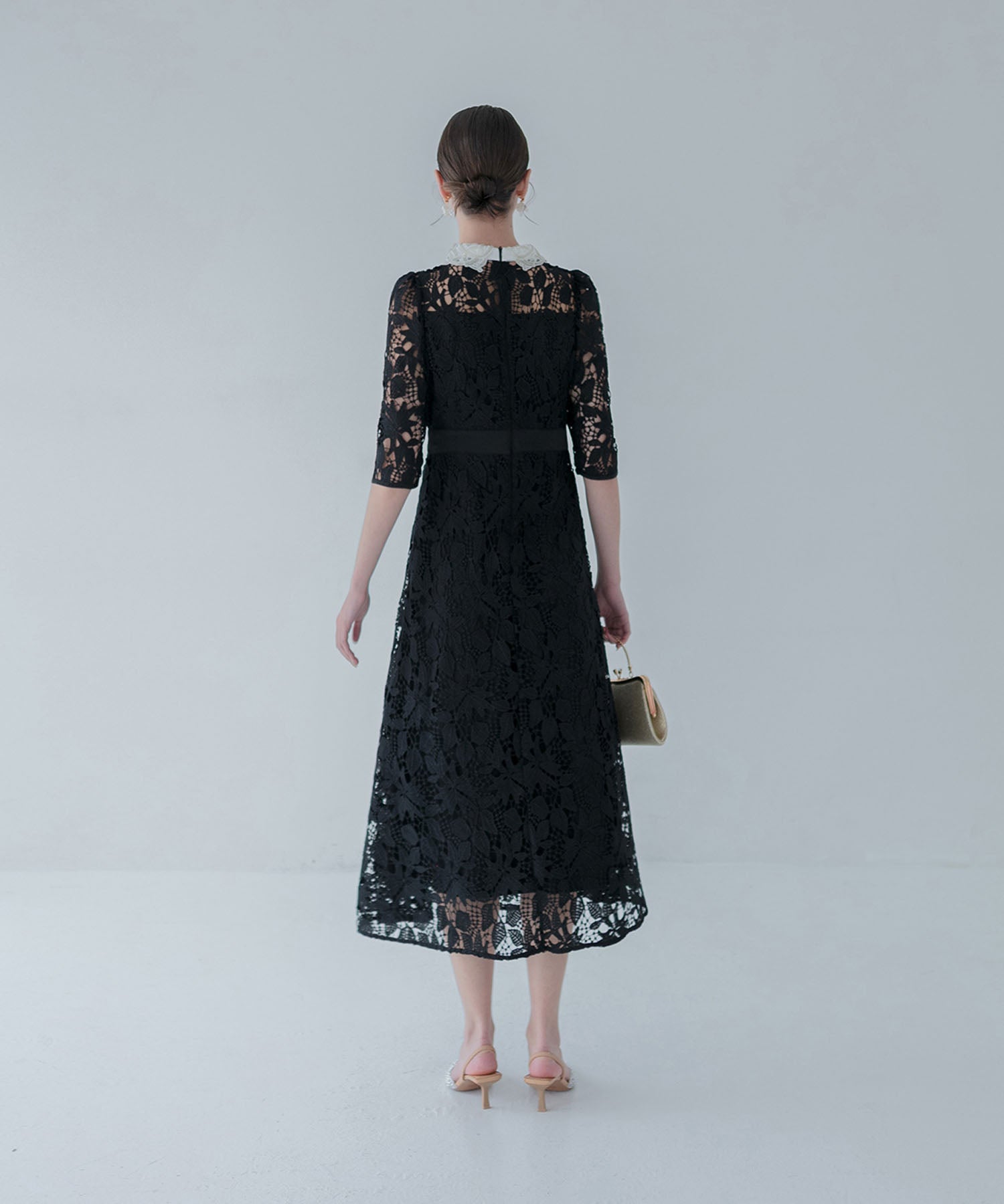 【一部当日発送】花柄レースビジューカラーAラインワンピースドレス