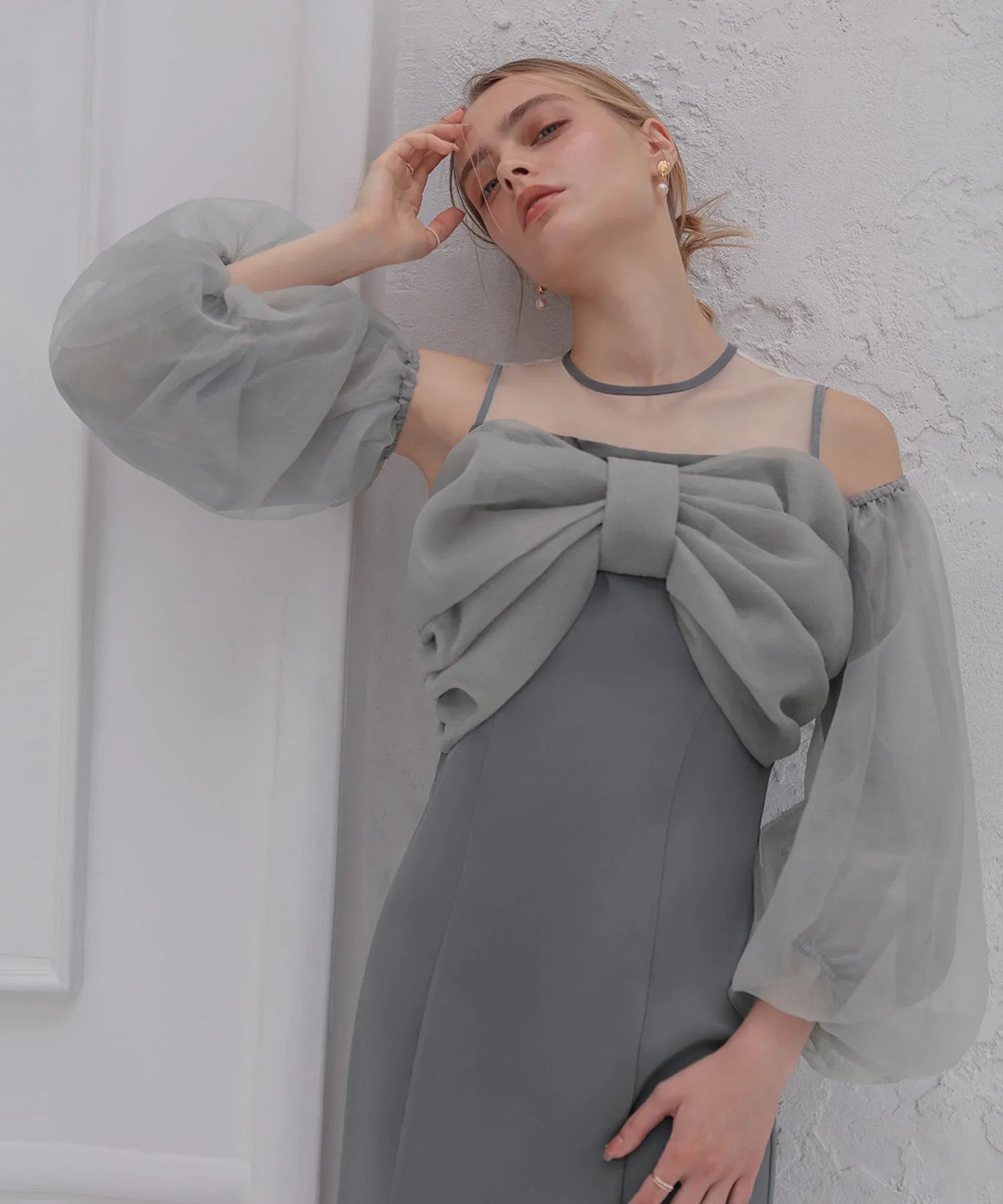 【当日発送】フロントリボンチュールIラインワンピースドレス