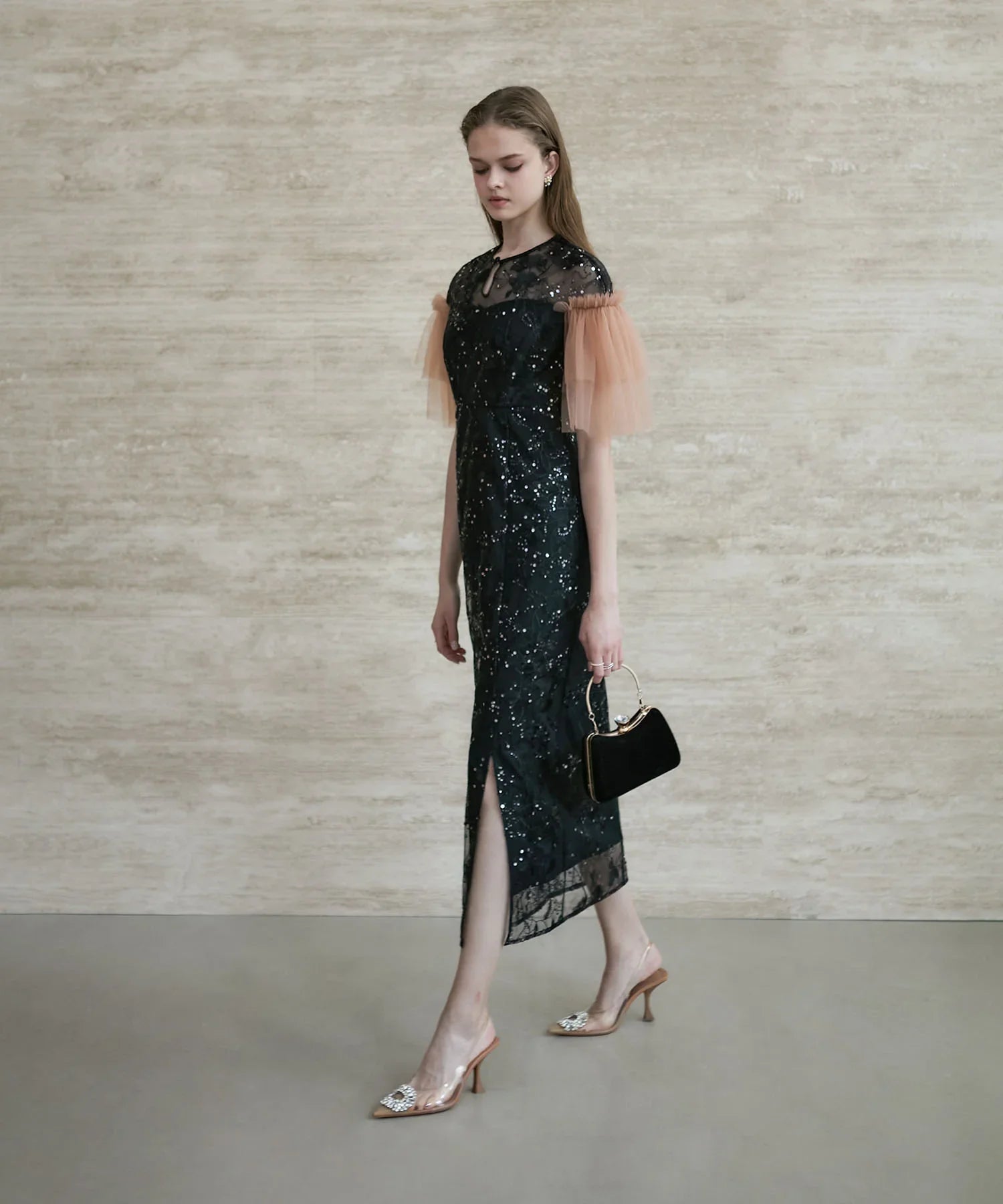 【当日発送】フラワースパンコールチュールスリーブIラインドレス