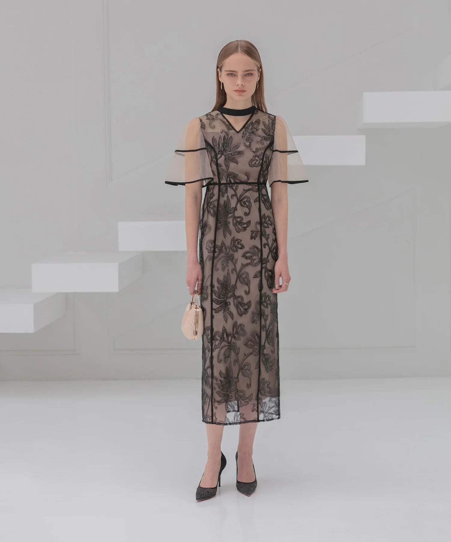 【当日発送】スパンコールフラワーIラインワンピースドレス