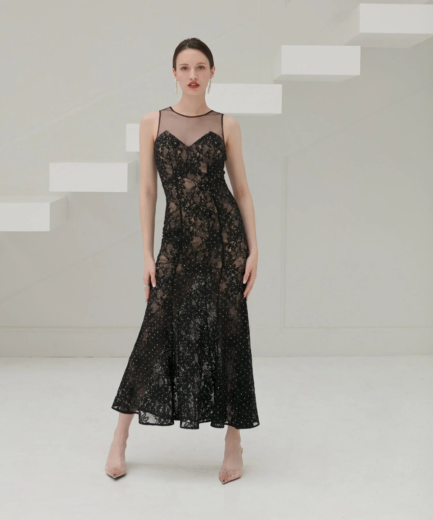 【LEJA LUXE】レースストーンスパンコールフラワーマーメイドドレス