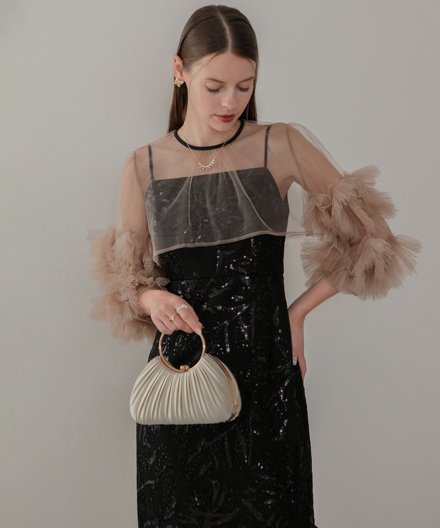 【一部当日発送】フラワースパンコールチュールフリルスリーブIラインワンピースドレス