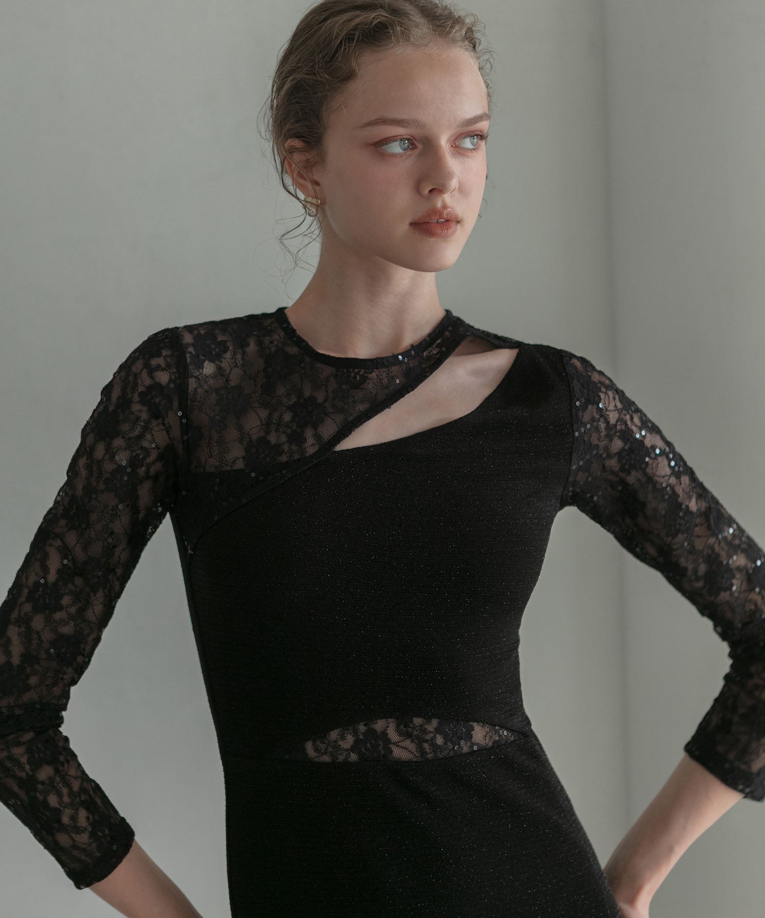 【LEJA LUXE】アシンメトリーレーススリムフィットIラインドレス