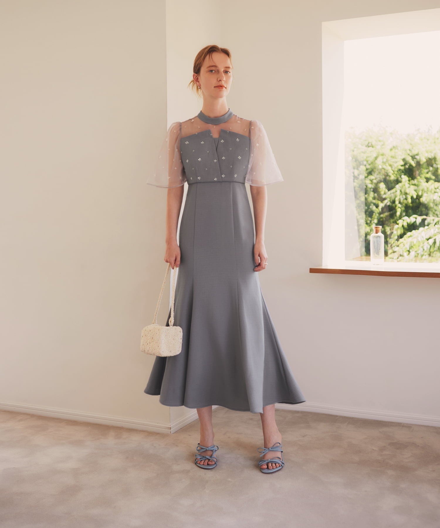 【当日発送】花柄スパンコールチュールオーバーラップマーメイドワンピースドレス