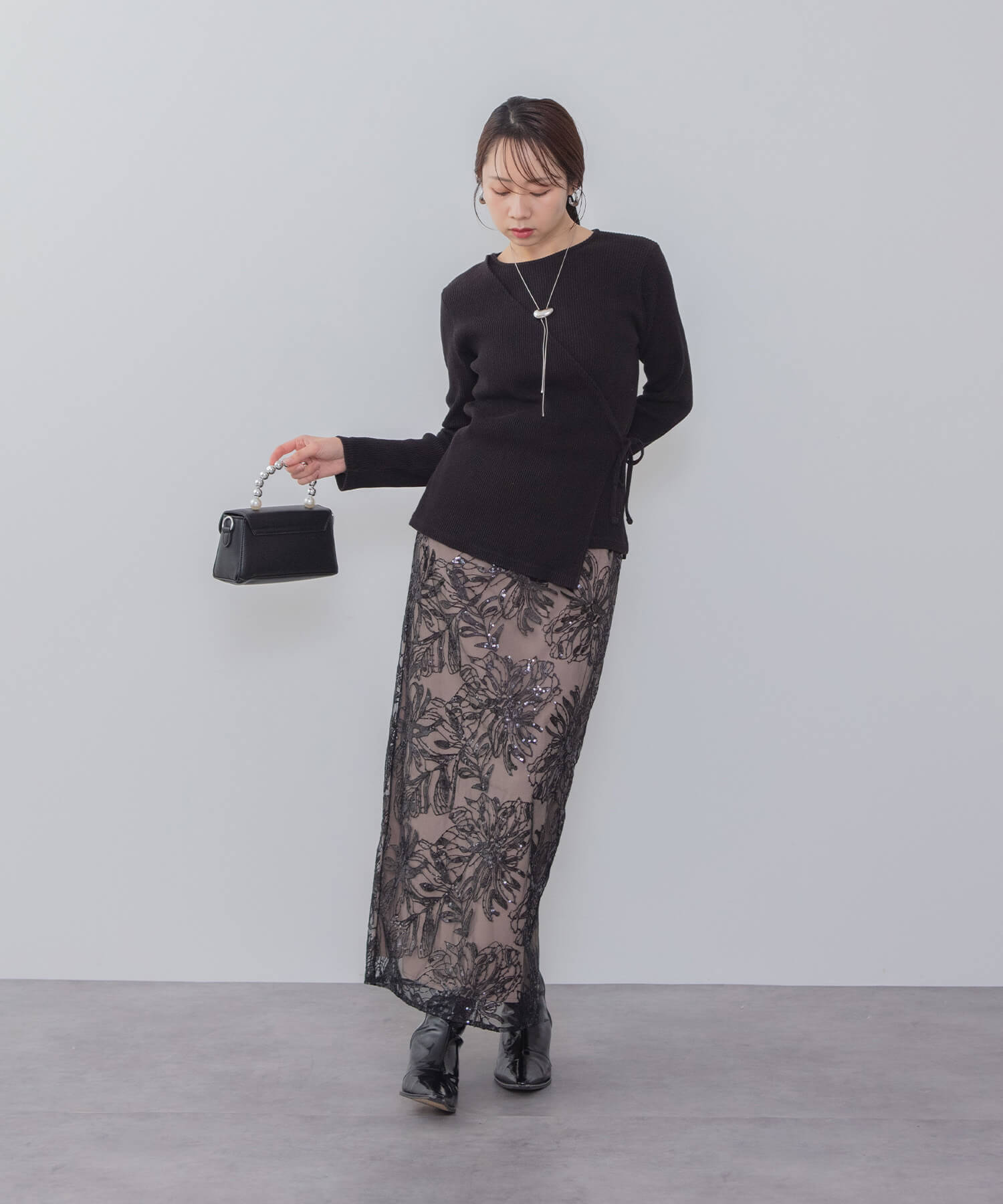 【SOLD OUT】アシンメトリーシアーフラワースパンコールフリルチュール セットアップドレス