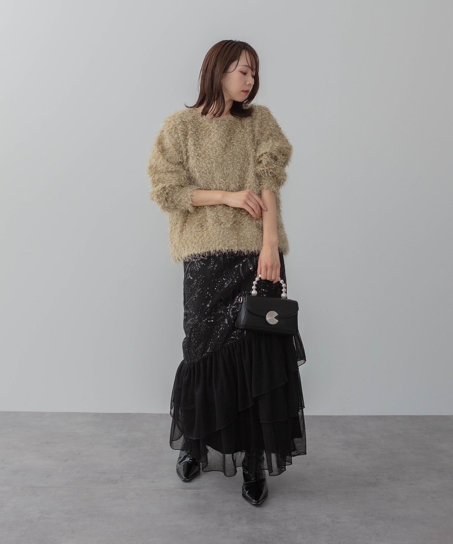 【予約販売】フラワースパンコールチュールフリルスリーブIラインワンピースドレス