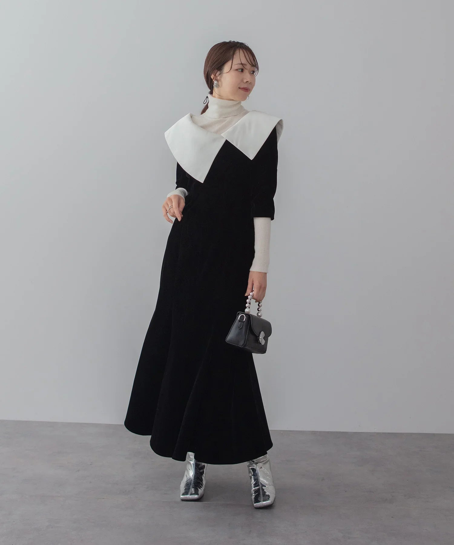 【当日発送】アシンメトリービッグカラーベロアマーメイドワンピースドレス