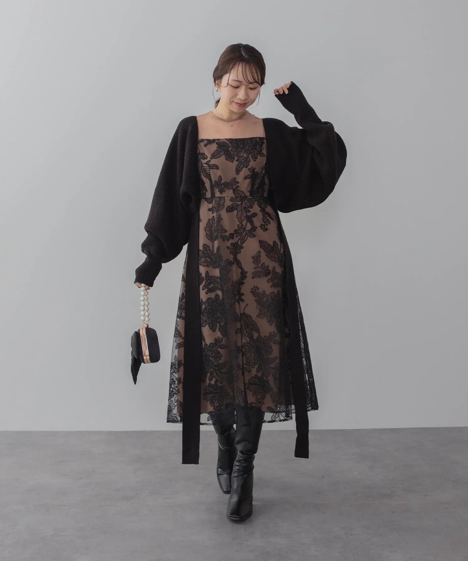 【当日発送】チュールパイピングリーフベルトAラインワンピースドレス