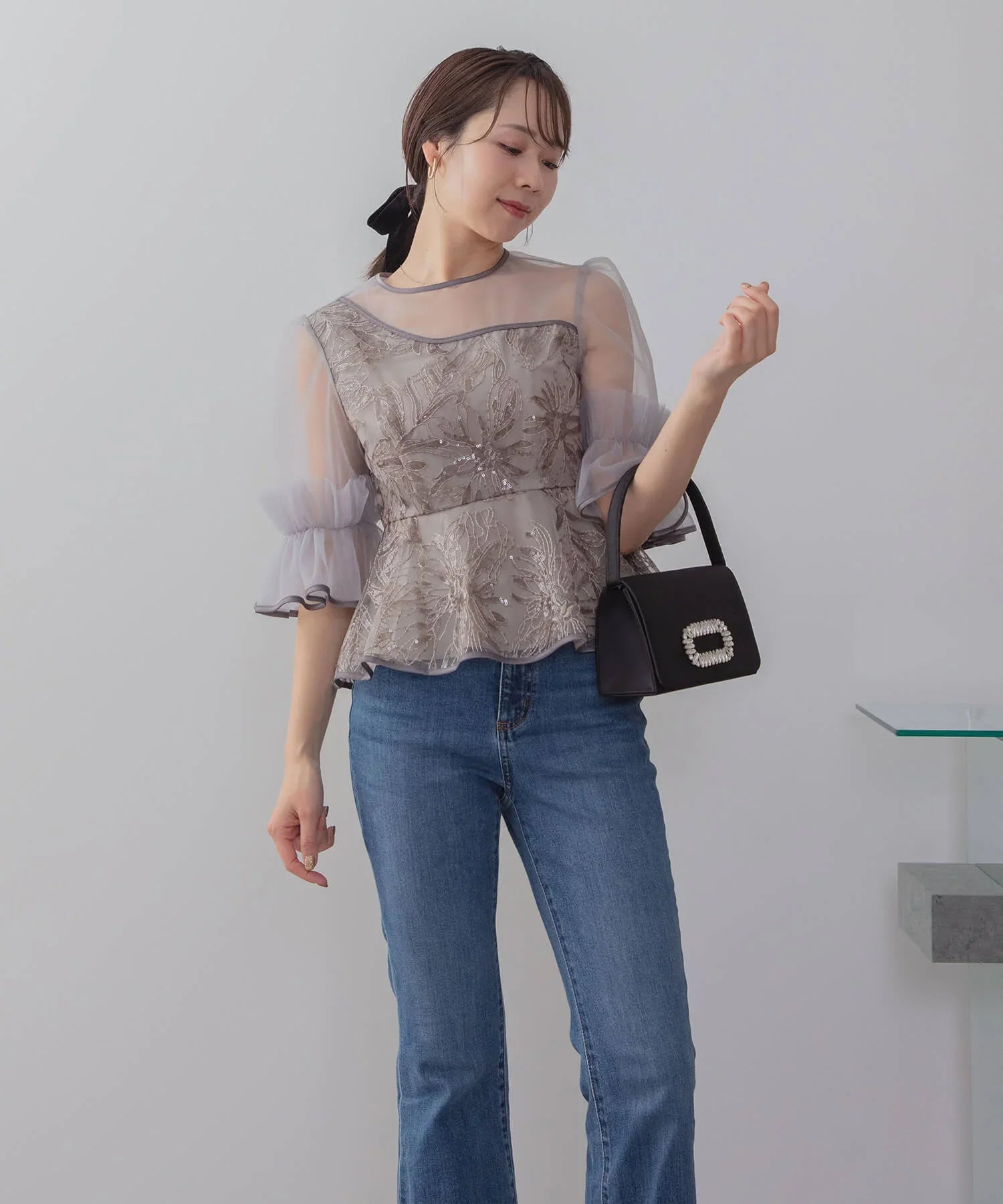 【当日発送】アシンメトリーシアーフラワースパンコールフリルチュール セットアップドレス