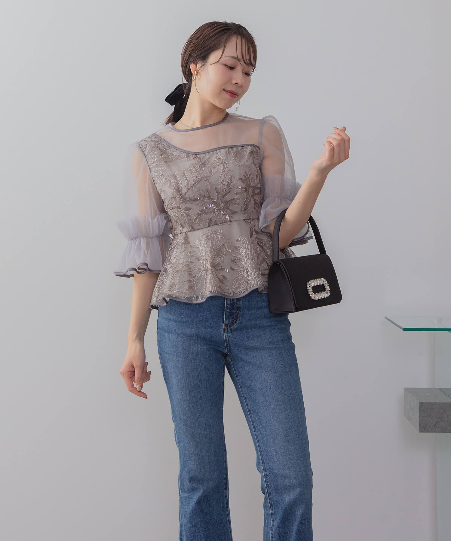 【SOLD OUT】アシンメトリーシアーフラワースパンコールフリルチュール セットアップドレス