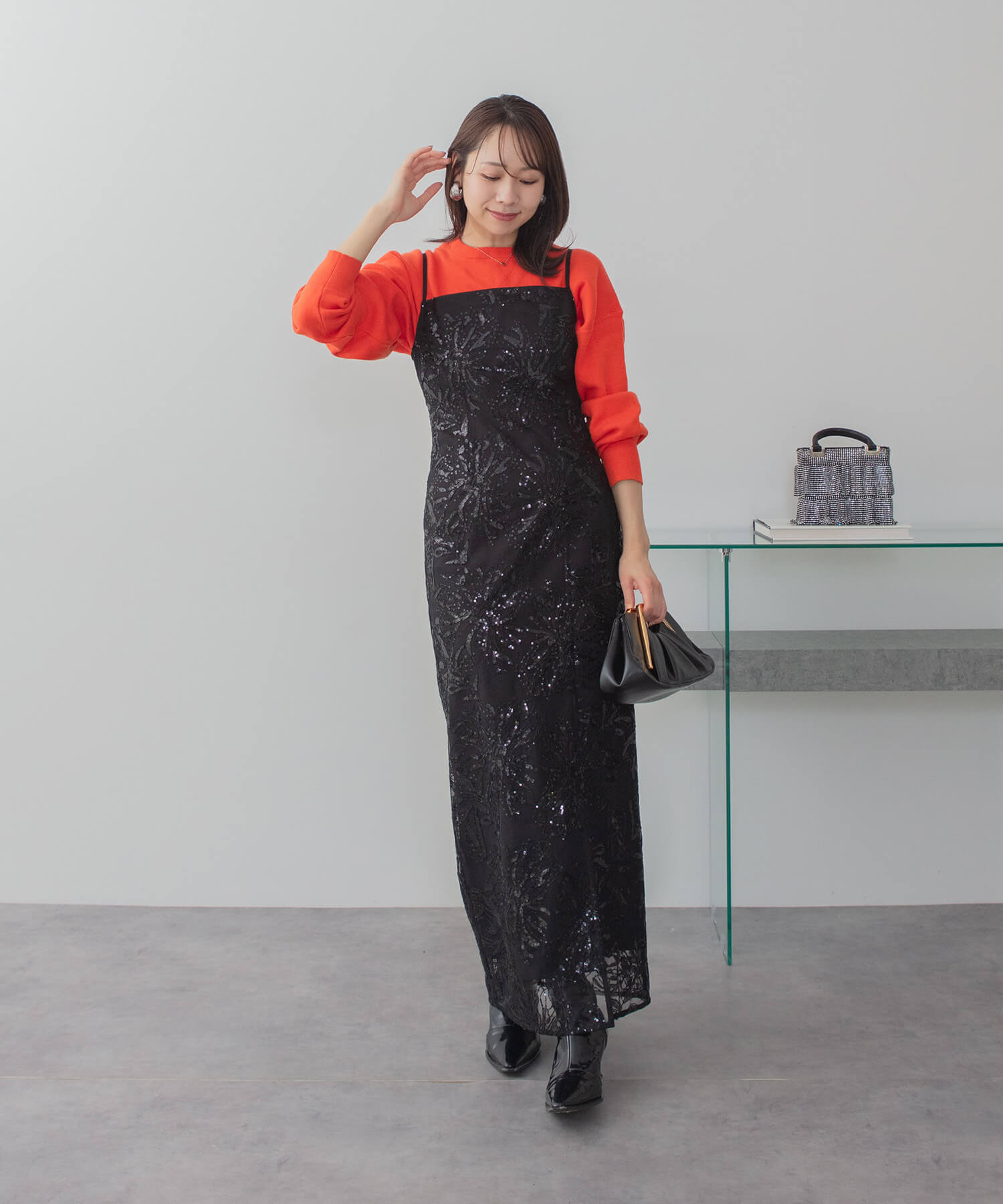 【当日発送】パールフリルチュールボレロレイヤードIラインワンピースドレス