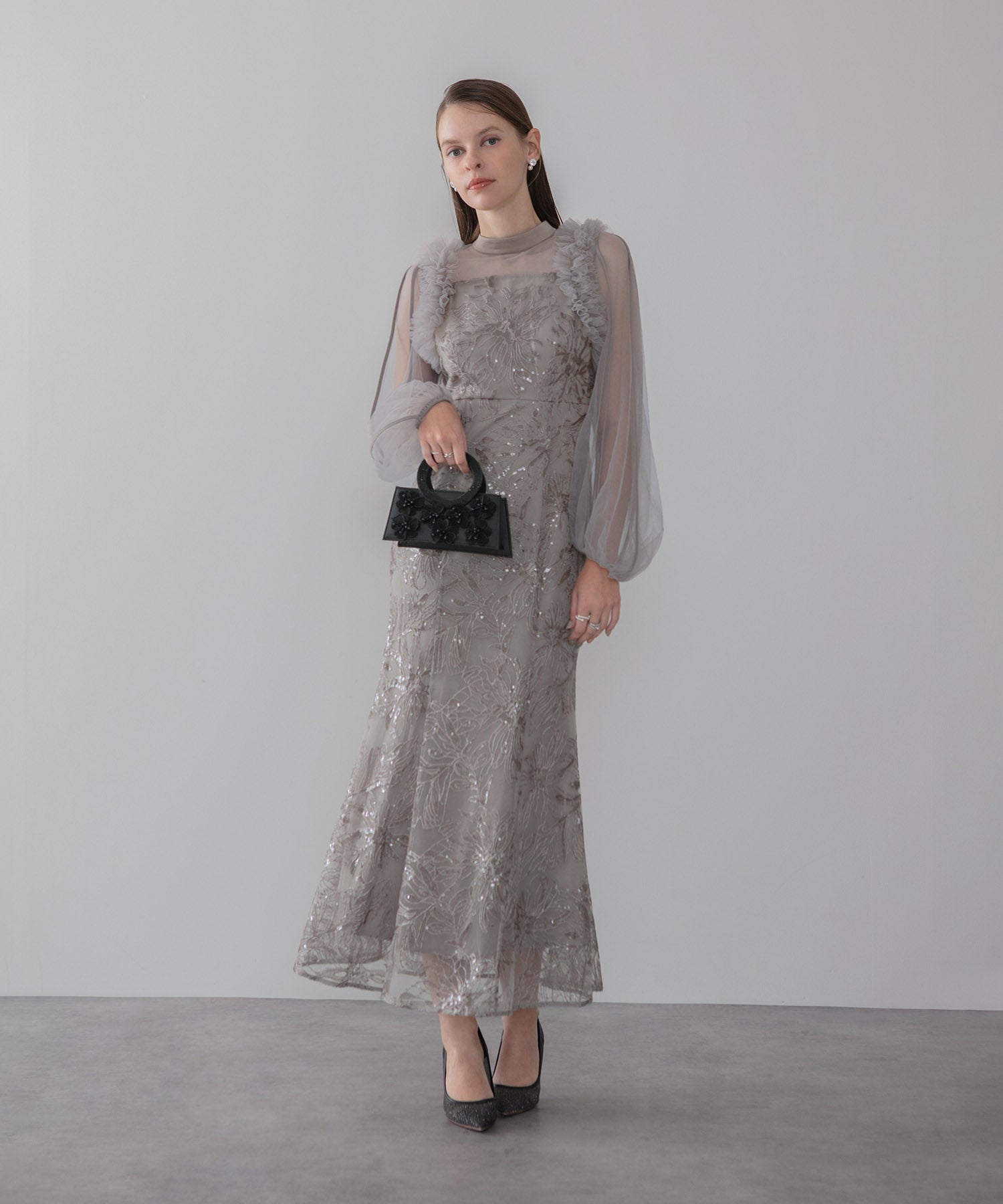 【当日発送】フラワースパンコールチュールフリルロングスリーブマーメイドワンピースドレス