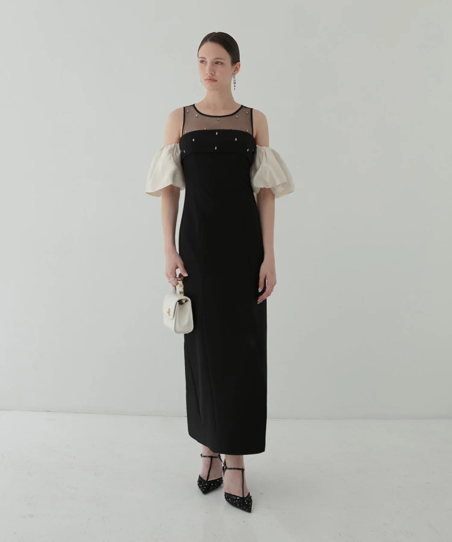 【LEJA LUXE】2WAY front sheer bejeweled I-line dress