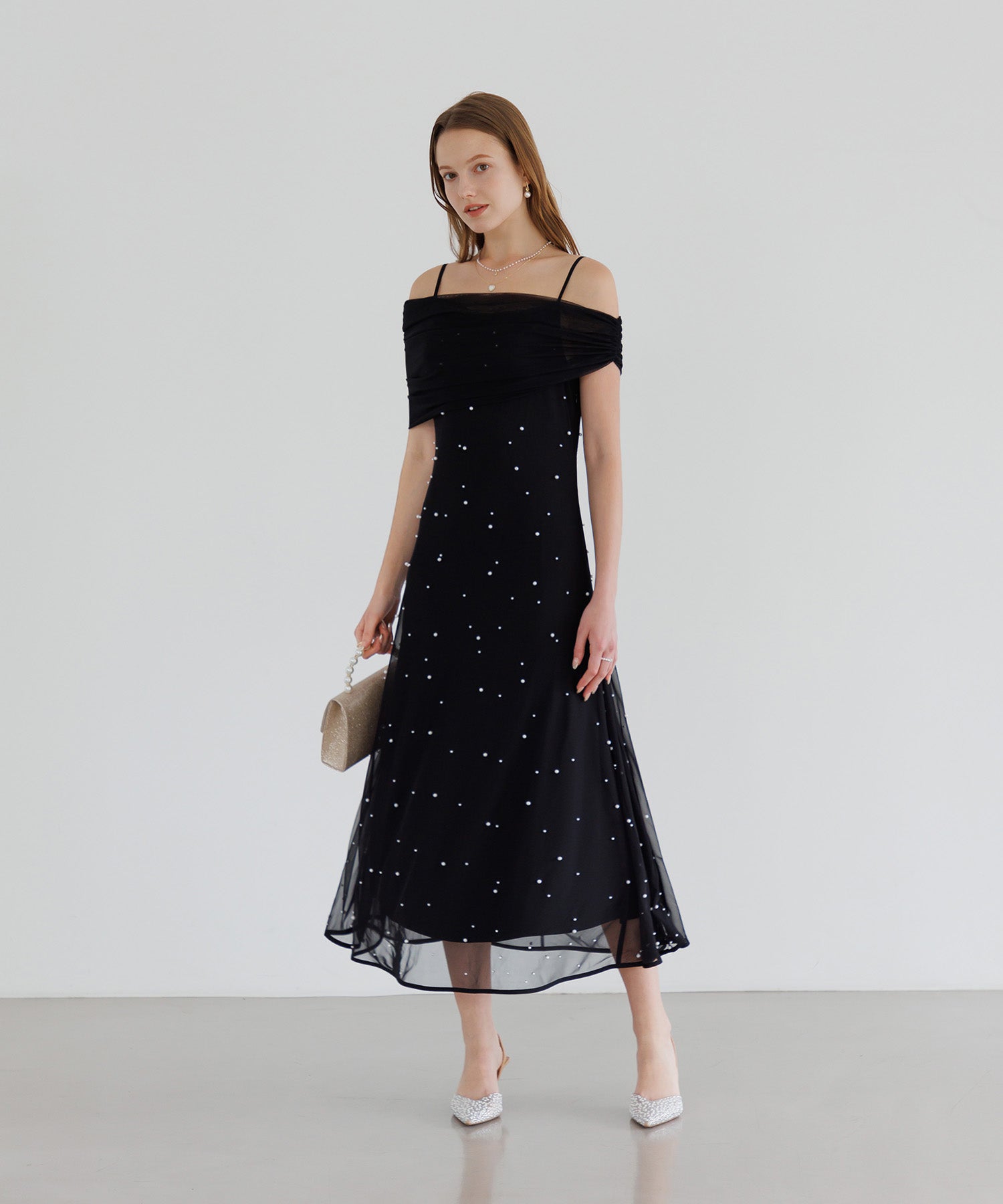 【一部当日発送】2WAYチュールトップスパールAラインワンピースドレス