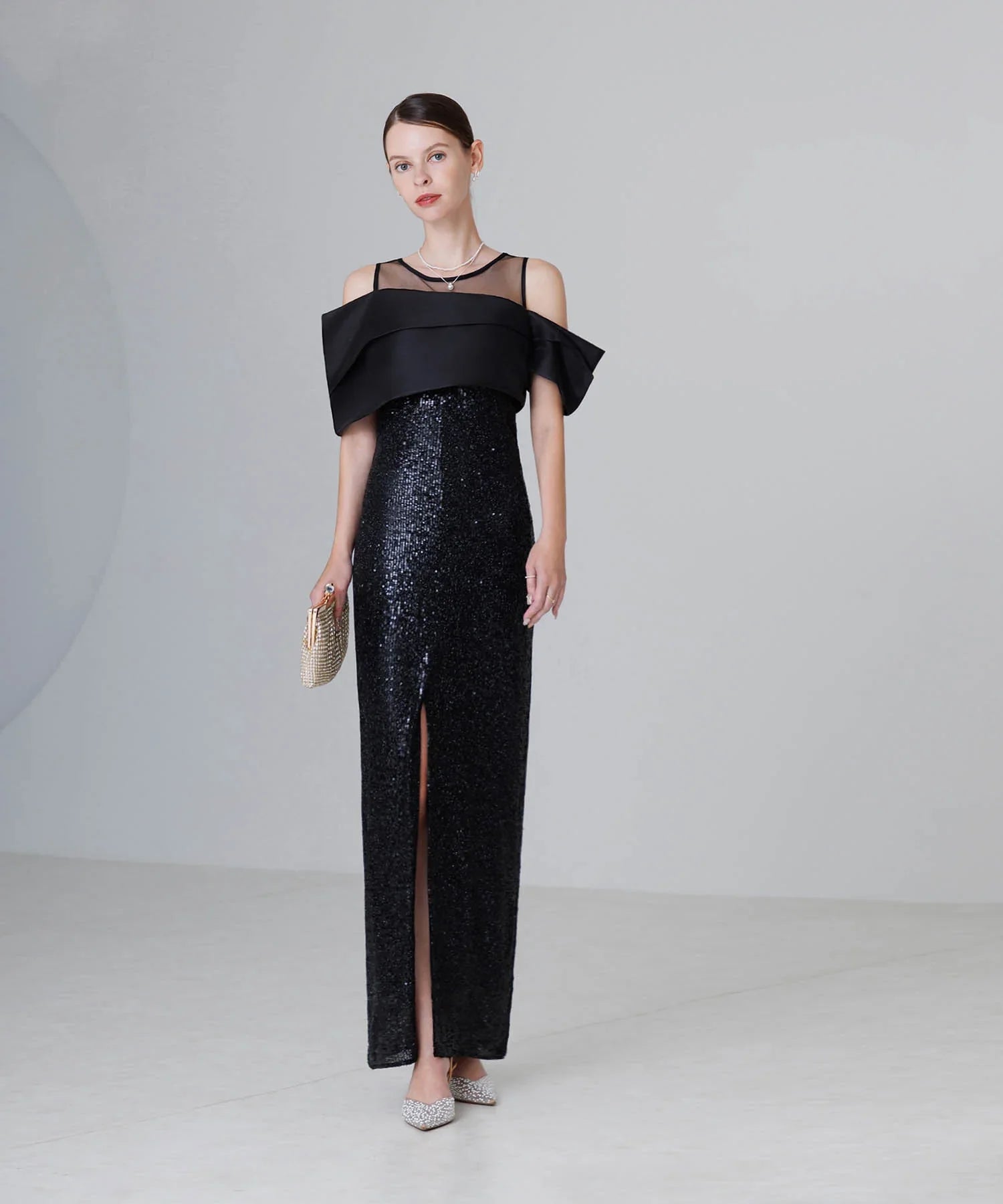 【LEJA LUXE】シースルーアシンメトリースパンコールスリットIラインドレス