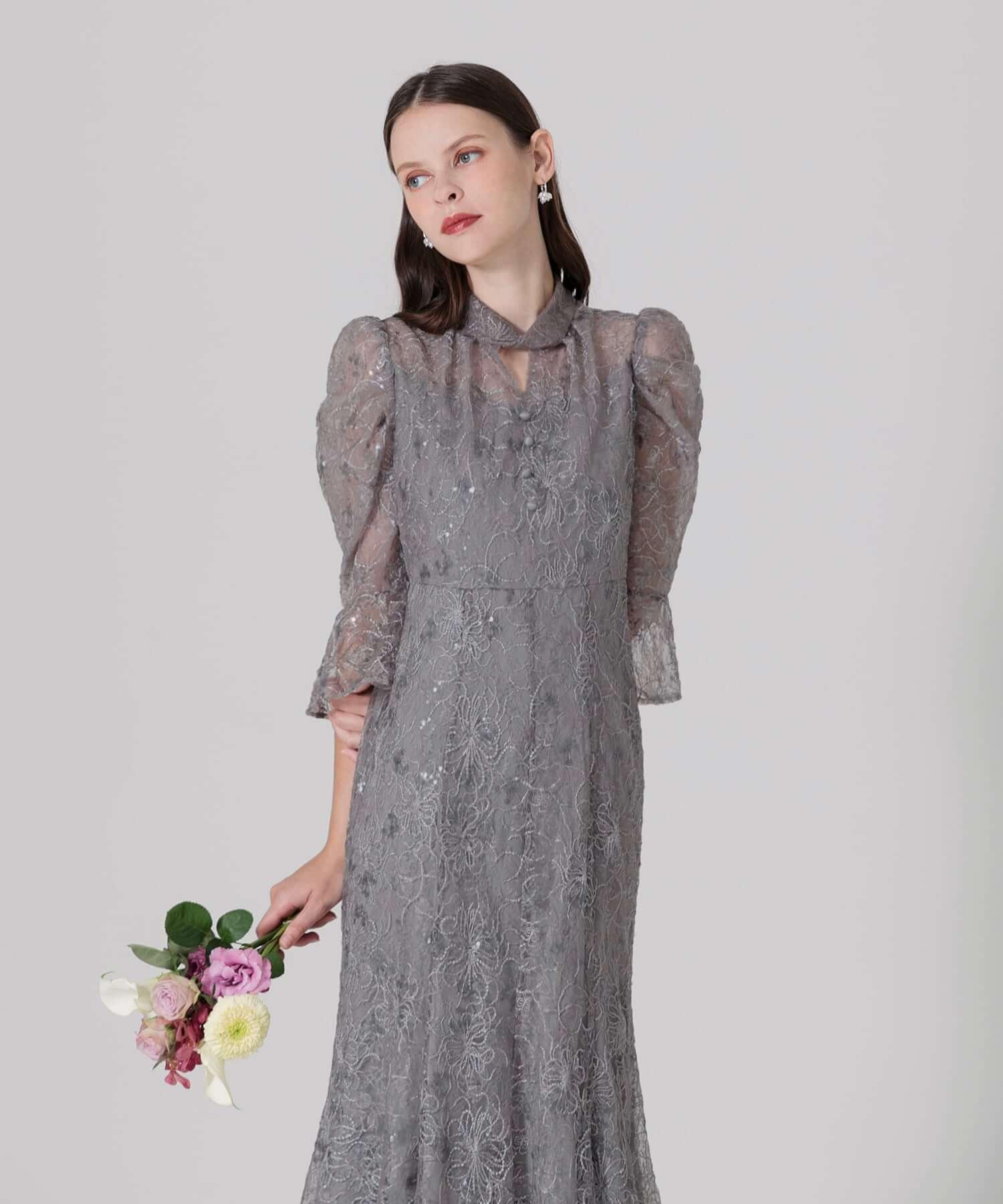 【一部当日発送】スパンコール花柄パフスリーブマーメイドワンピースドレス