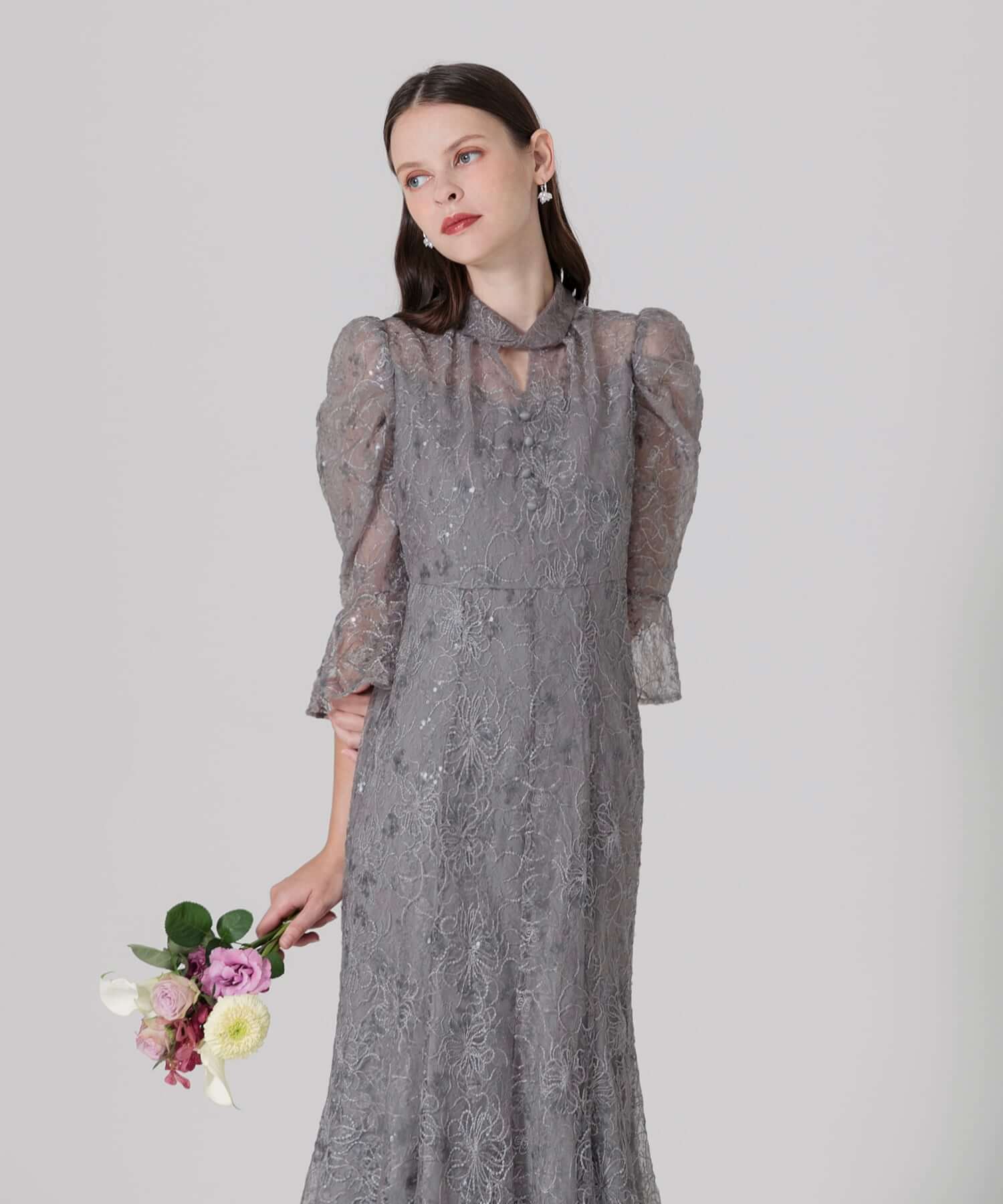 【一部当日発送】スパンコール花柄パフスリーブマーメイドワンピースドレス