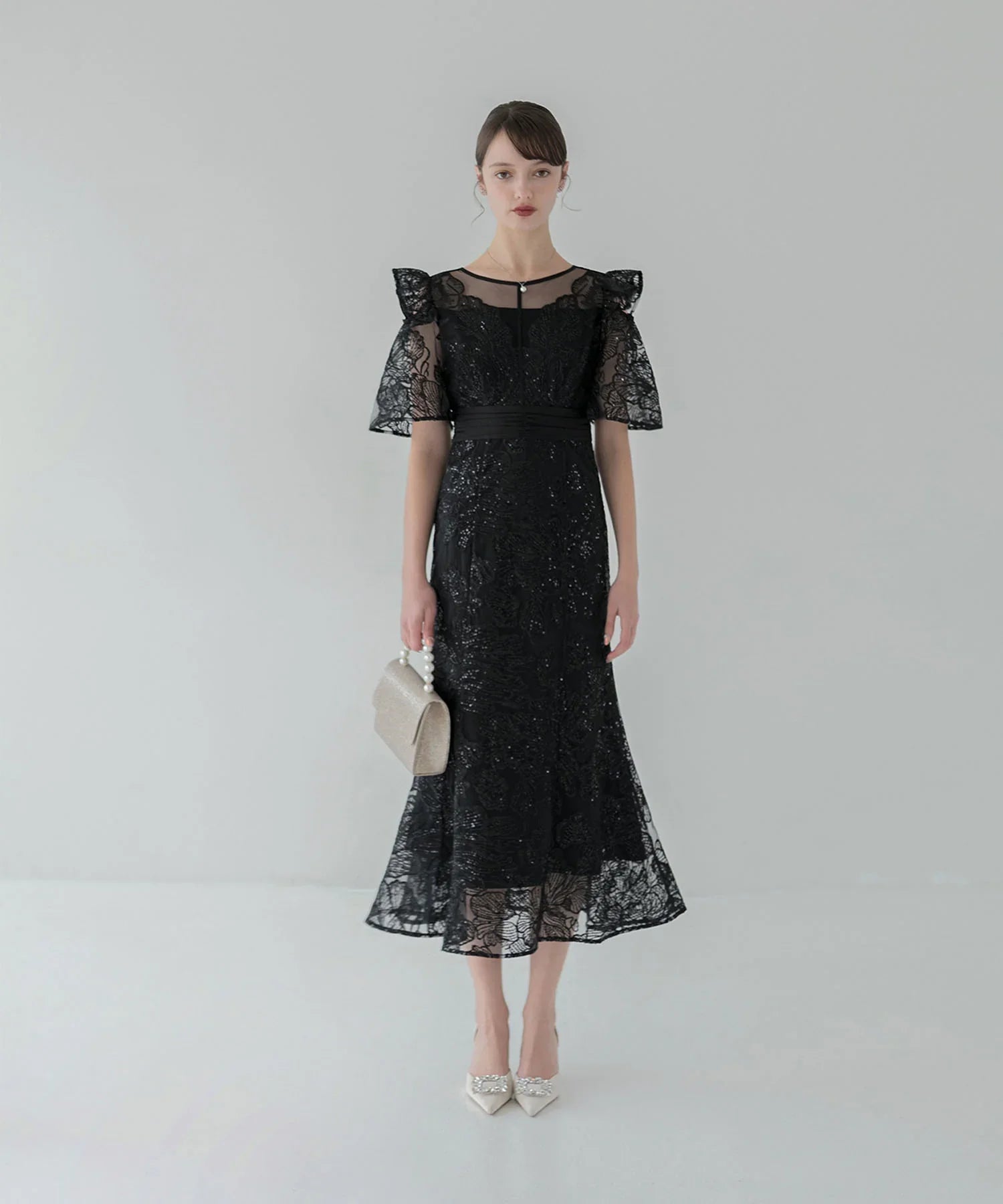 【当日発送】フラワーレースシアーフリルマーメイドワンピースドレス