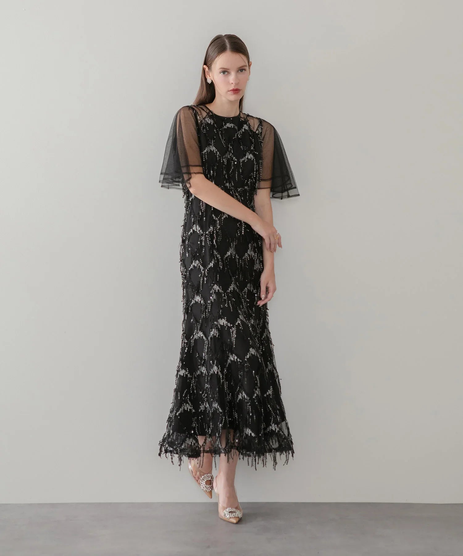 【当日発送】チュールスリーブスパンコールマーメイドワンピースドレス