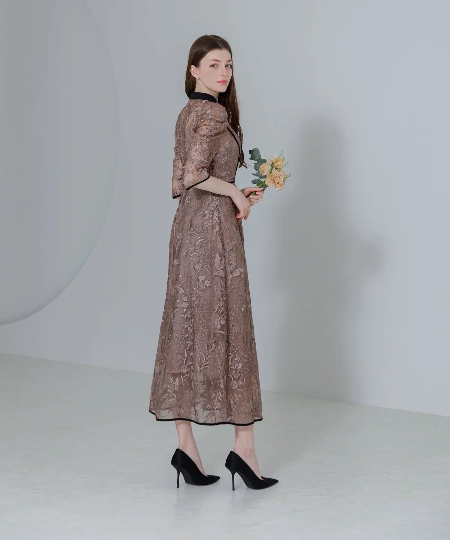 【当日発送】花柄チュールパフスリーブワンピースドレス