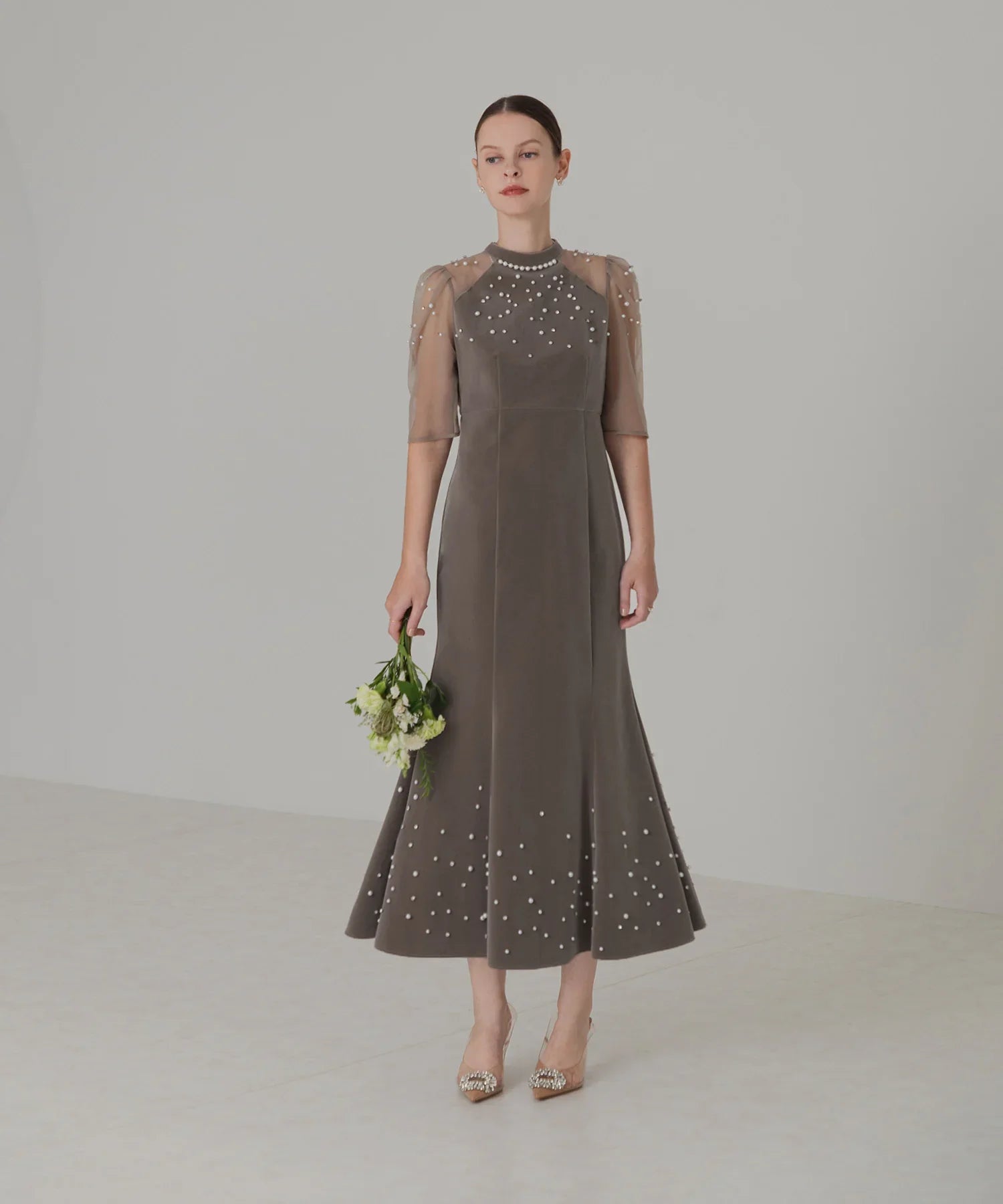 【当日発送】シアースリーブパールビジューベロアマーメイドワンピースドレス