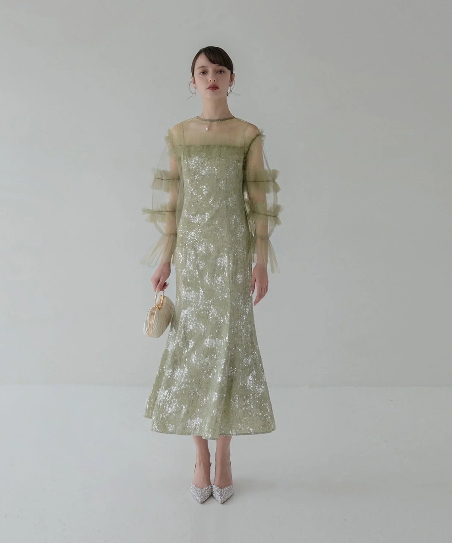 【SOLD OUT】チュールフリルペイントマーメイドワンピースドレス