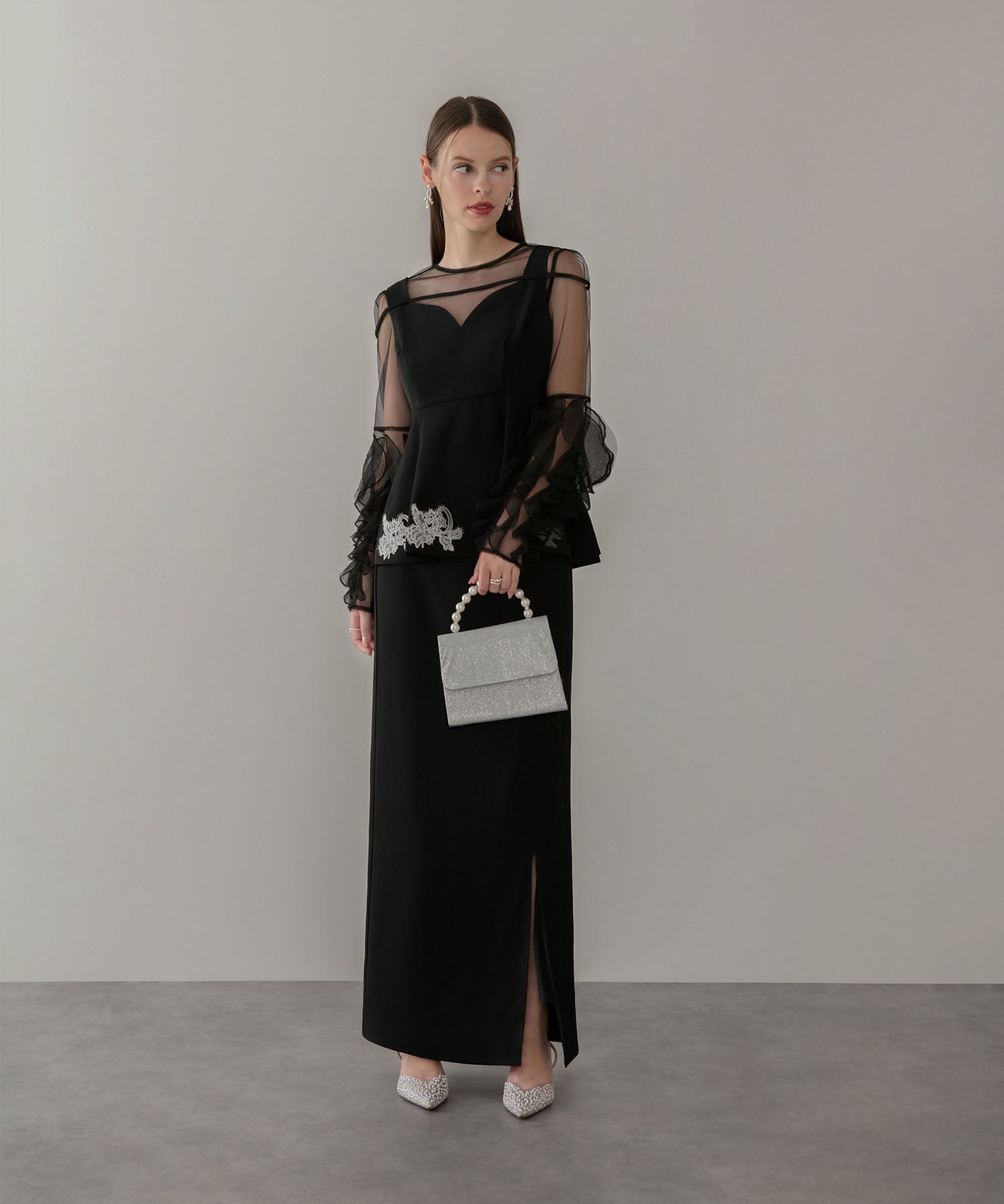 【当日発送】シアースリーブフリルペプラムタイトスカートセットアップドレス