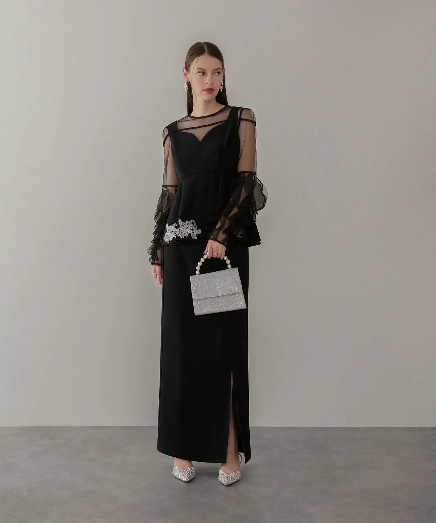 【当日発送】シアースリーブフリルペプラムタイトスカートセットアップドレス