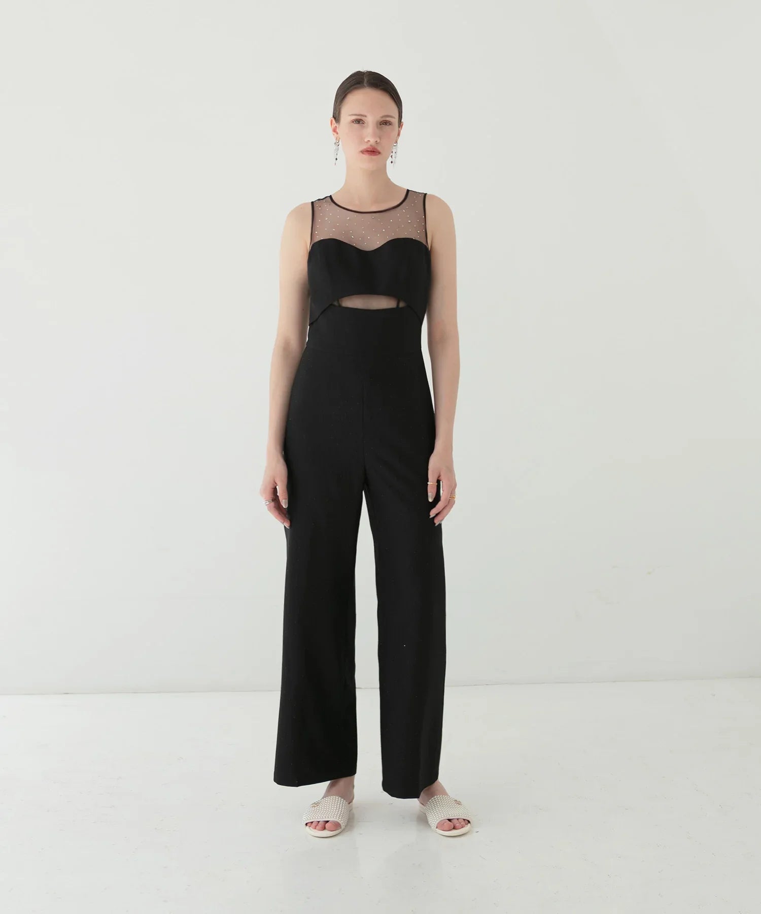 【LEJA LUXE】2WAY Ribbon Bustier Jewel Stone Pants Dress