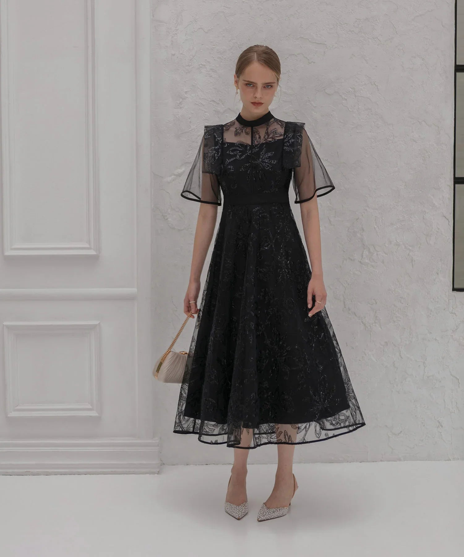 【一部当日発送】フラップデザインフラワースパンコールAラインワンピースドレス