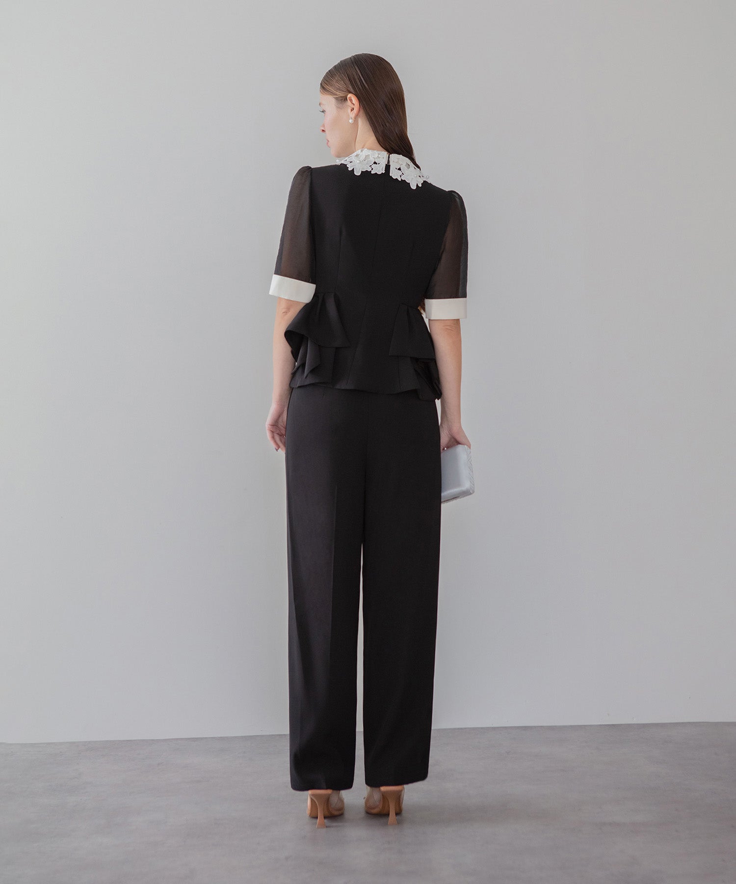 【当日発送】レースカラーペプラムブラウスパンツセットアップドレス