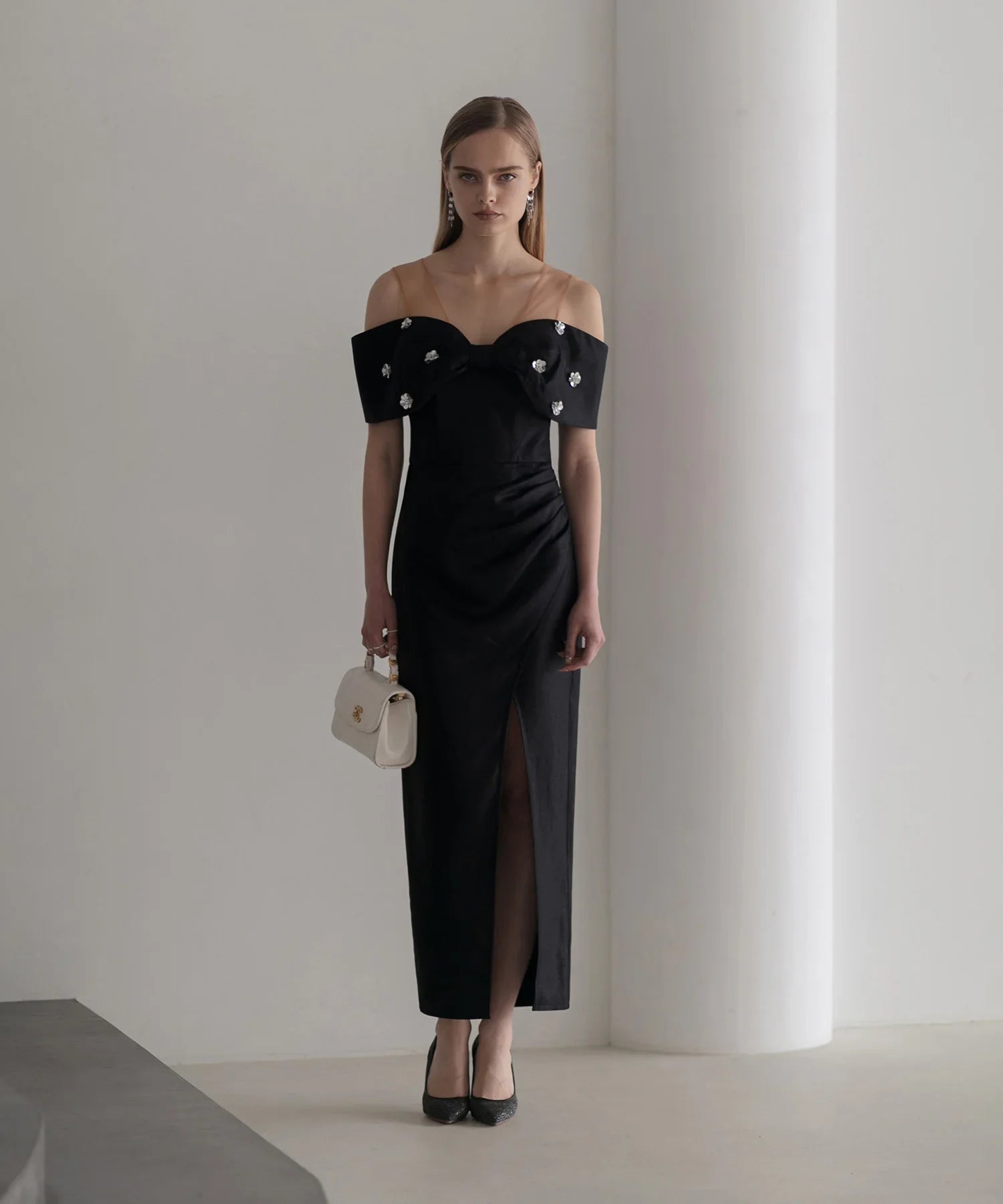 【LEJA LUXE】2WAYフラワーオフショルダースリットドレス