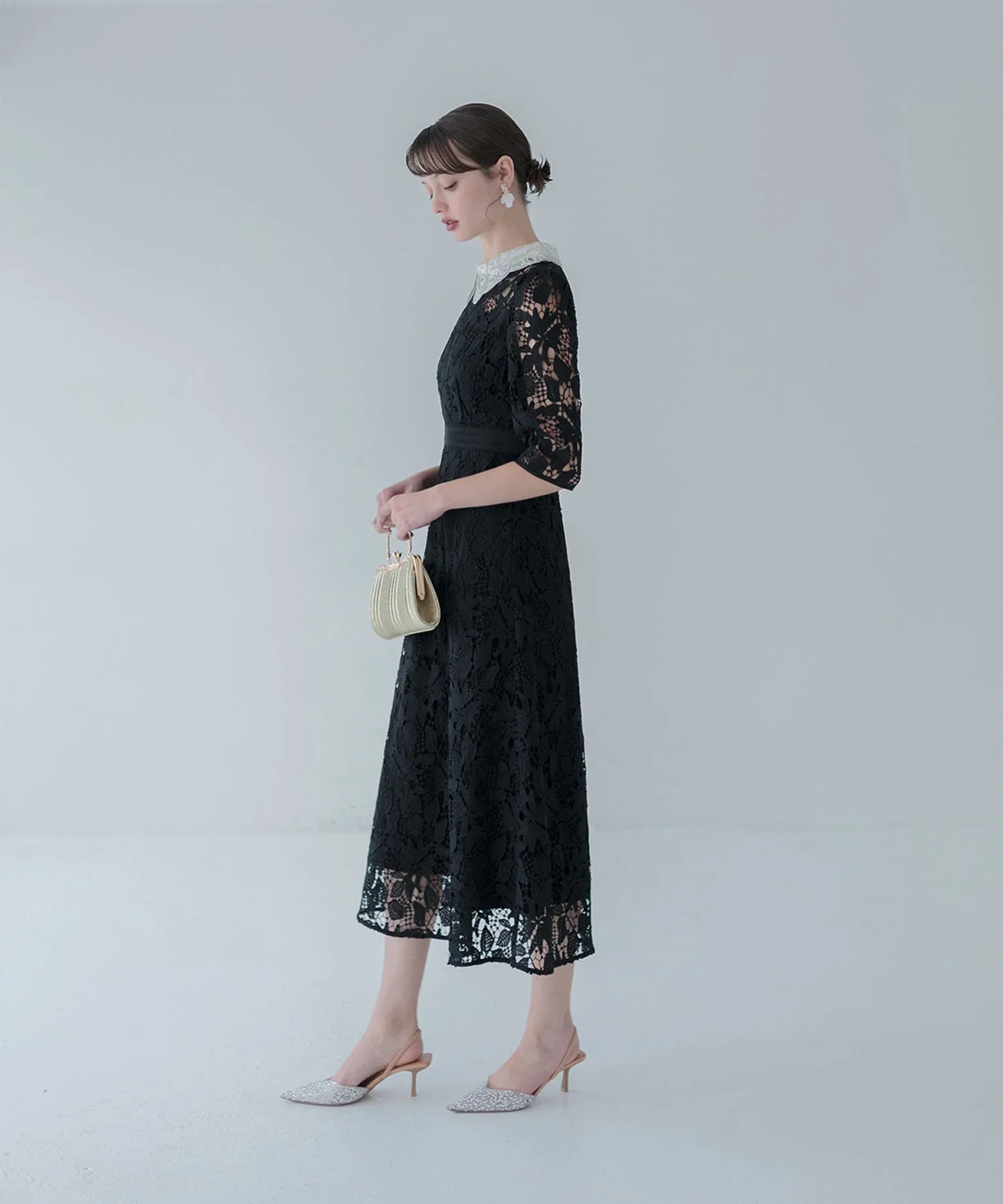 【一部当日発送】花柄レースビジューカラーAラインワンピースドレス