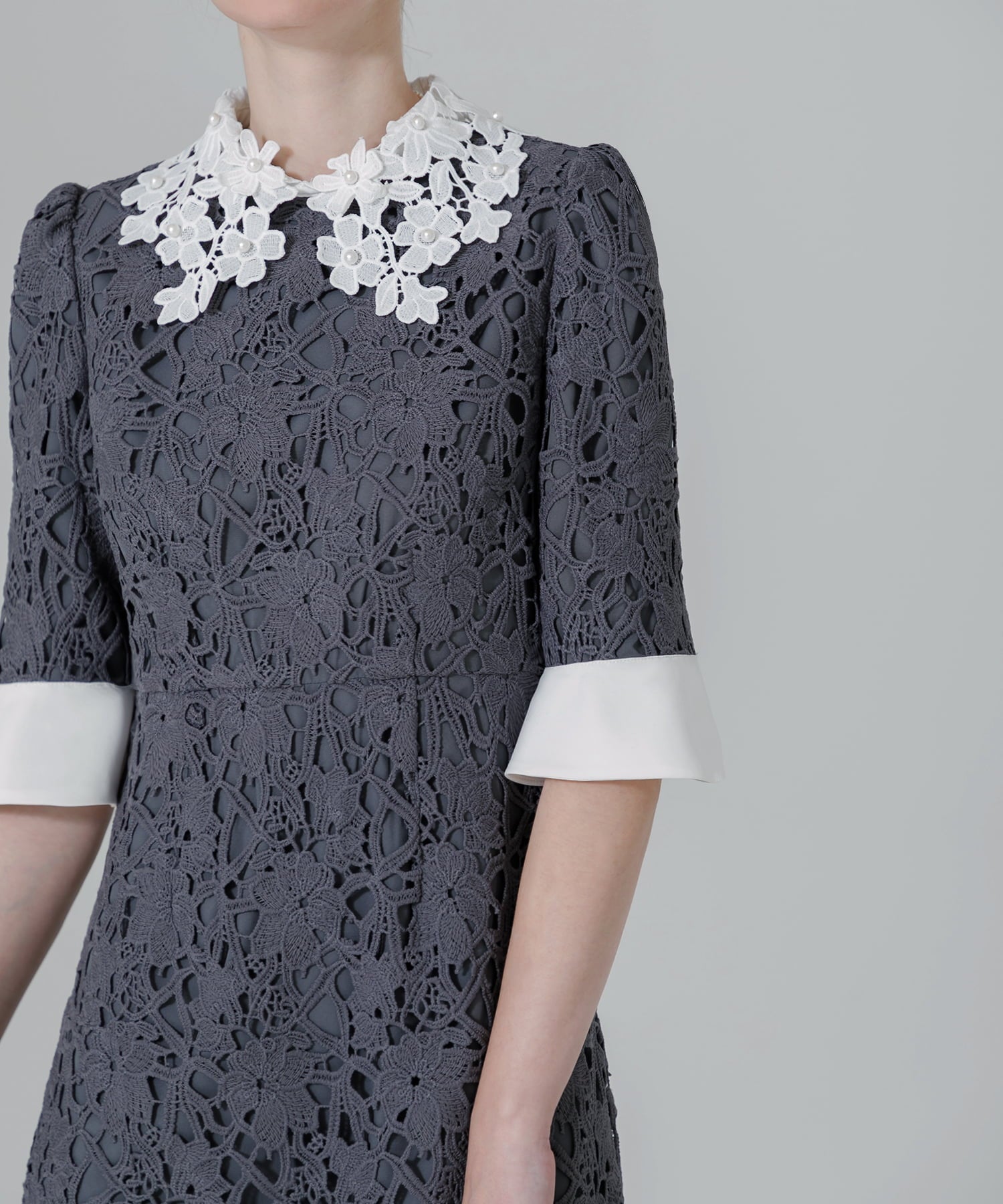 【当日発送】花柄レースカラースパンコールAラインワンピースドレス