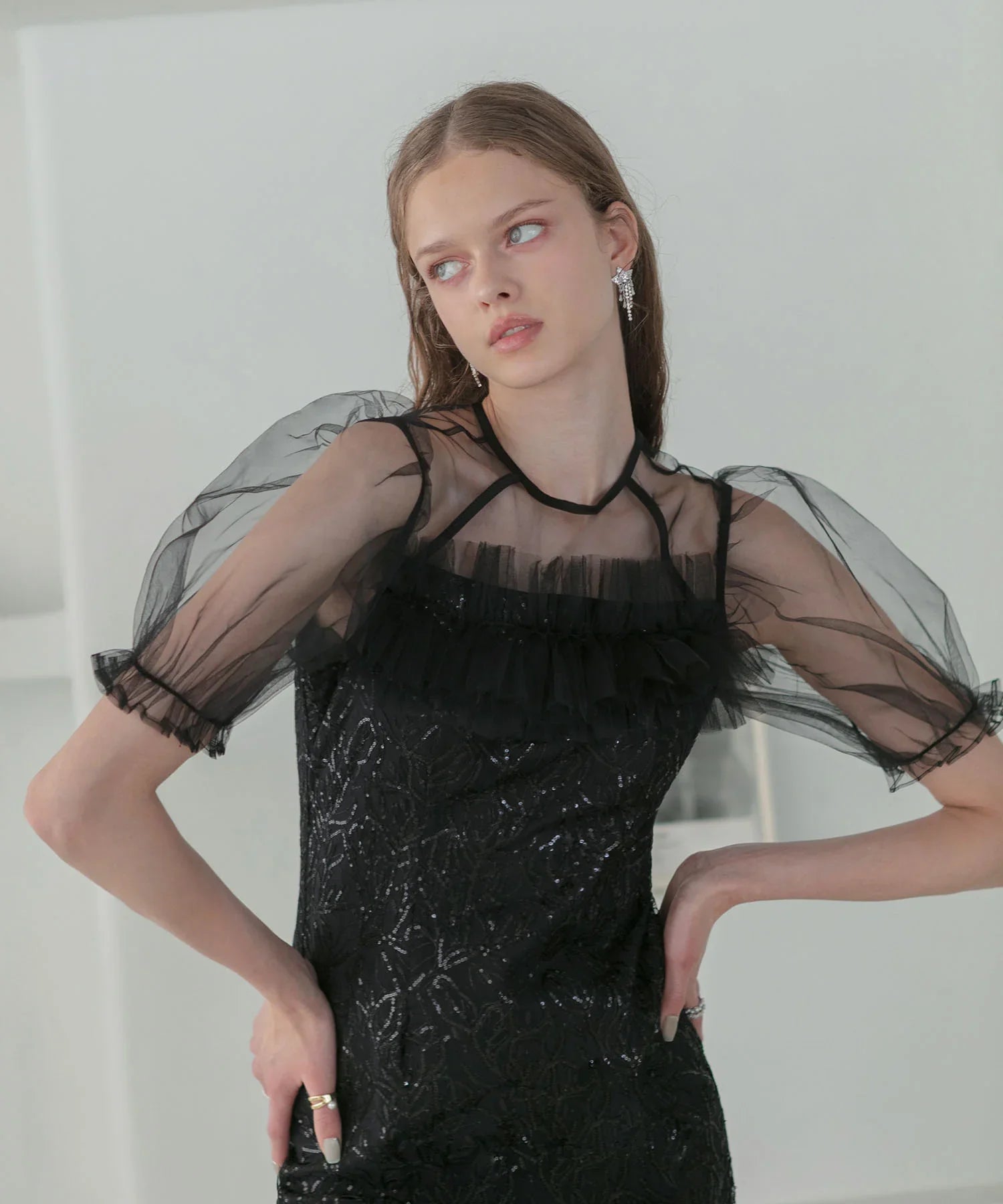 【当日発送】チュールフラワースパンコールIラインワンピースドレス