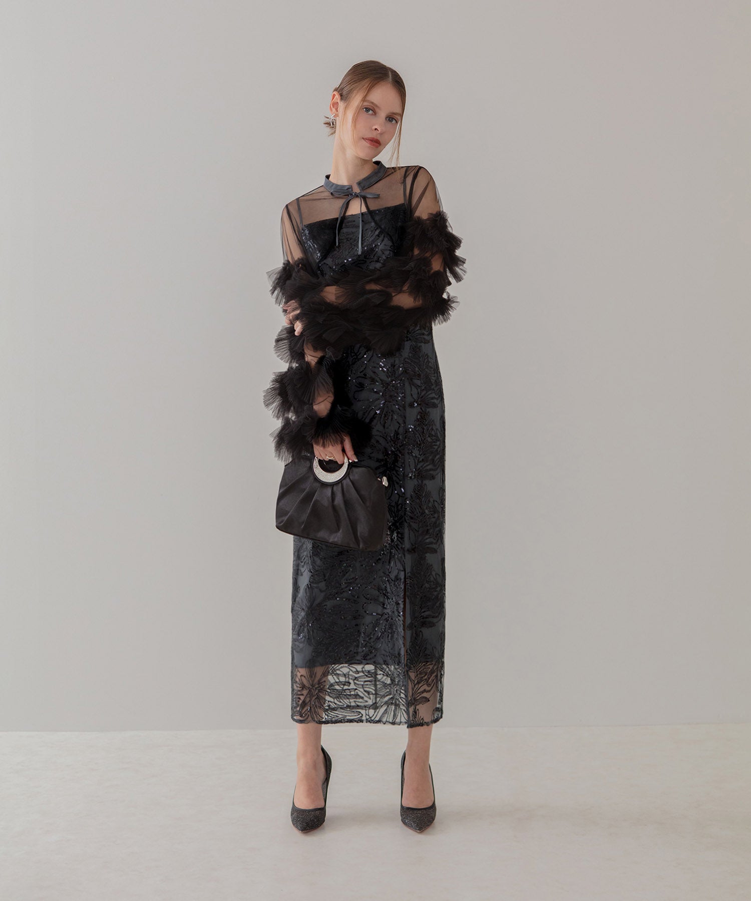 【一部当日発送】フリルチュールスリーブリボンIラインワンピースドレス