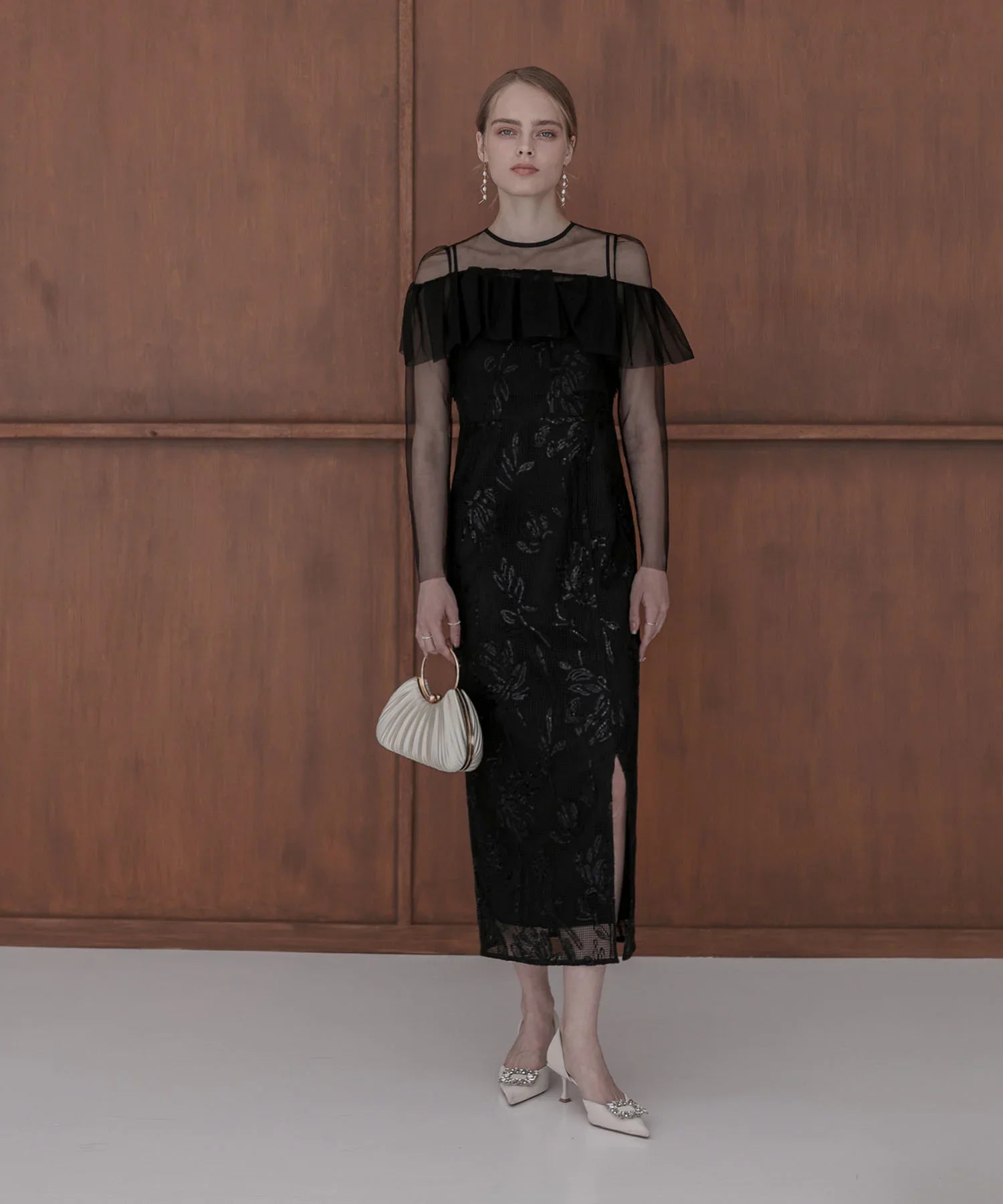 【当日発送】2WAYアシンメトリーフリルチュールフラワーIラインワンピースドレス