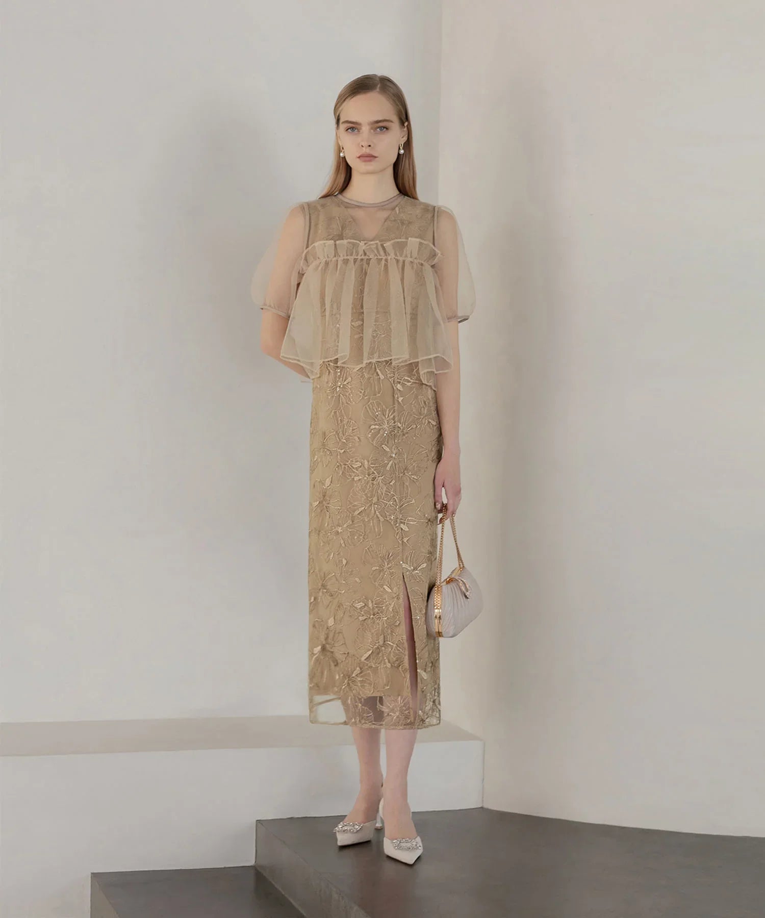 【当日発送】ボリュームシアーフリルジャガードIラインワンピースドレス