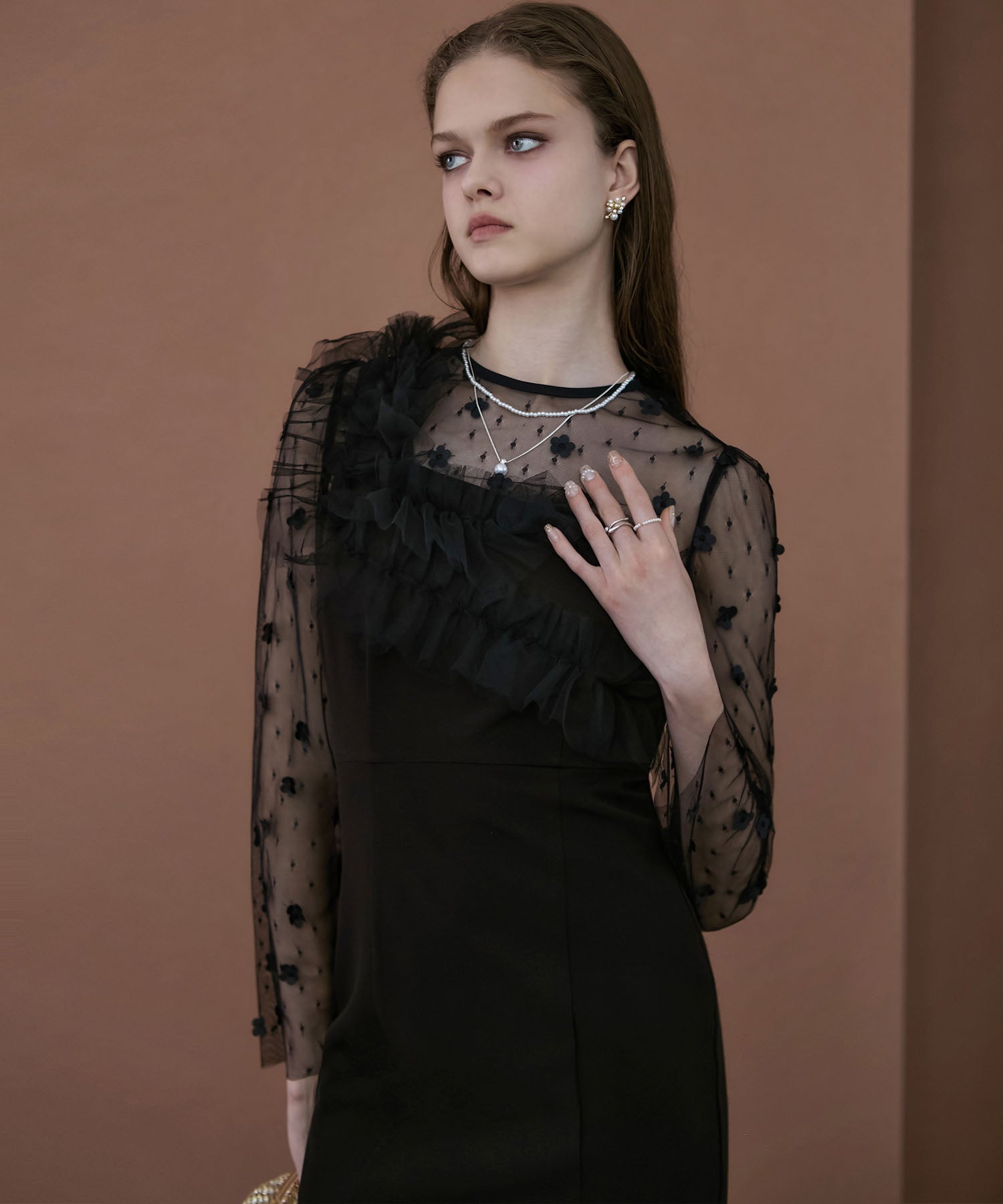 【当日発送】フラワーモチーフアシンメトリーチュールマーメイドワンピースドレス