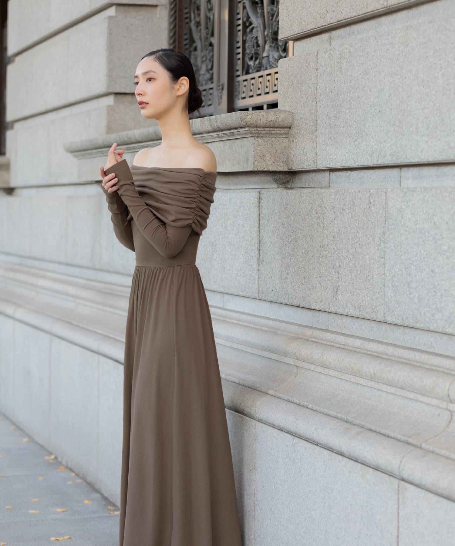 【当日発送】アームカバーオフショルダーリブニットワンピース