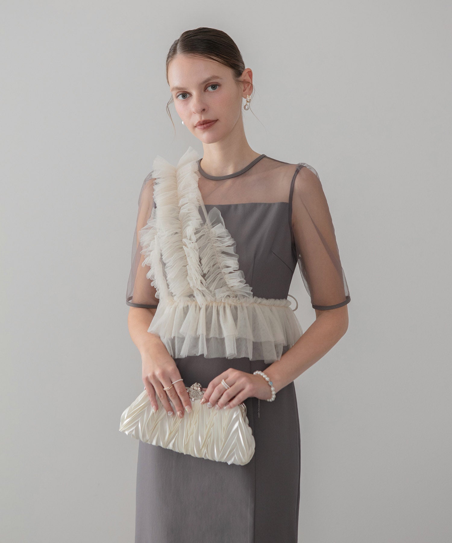 【当日発送】アシンメトリーフリルチュールIラインワンピースドレス