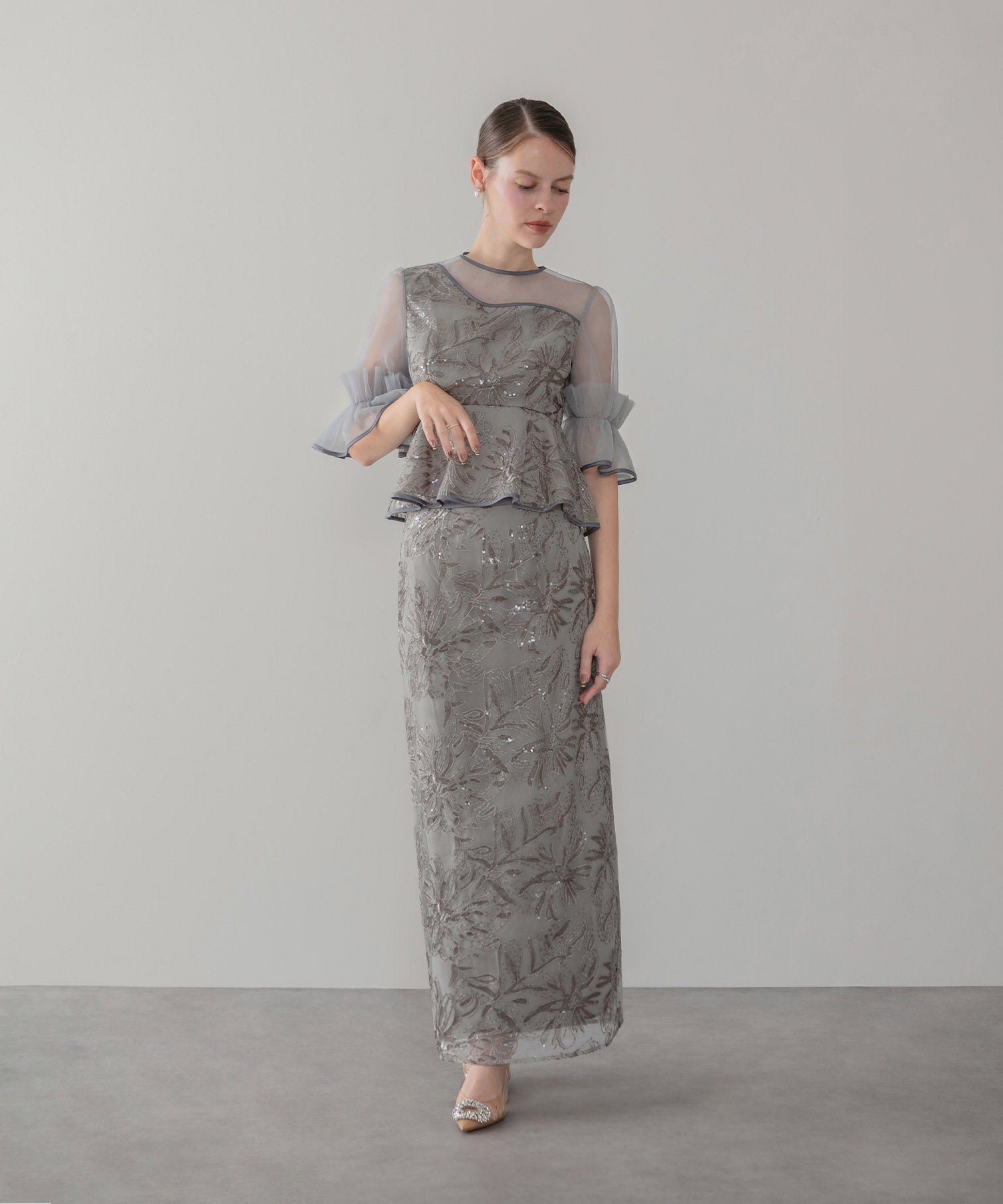 【当日発送】アシンメトリーシアーフラワースパンコールフリルチュール セットアップドレス