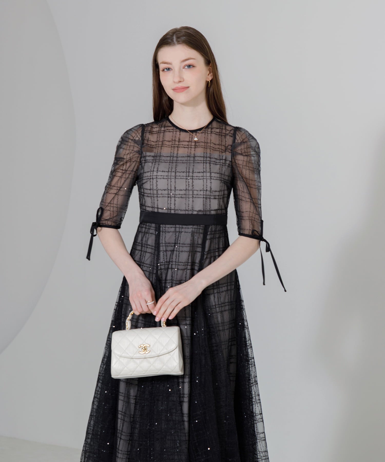 【当日発送】チェックスパンコールリボンワンピースドレス