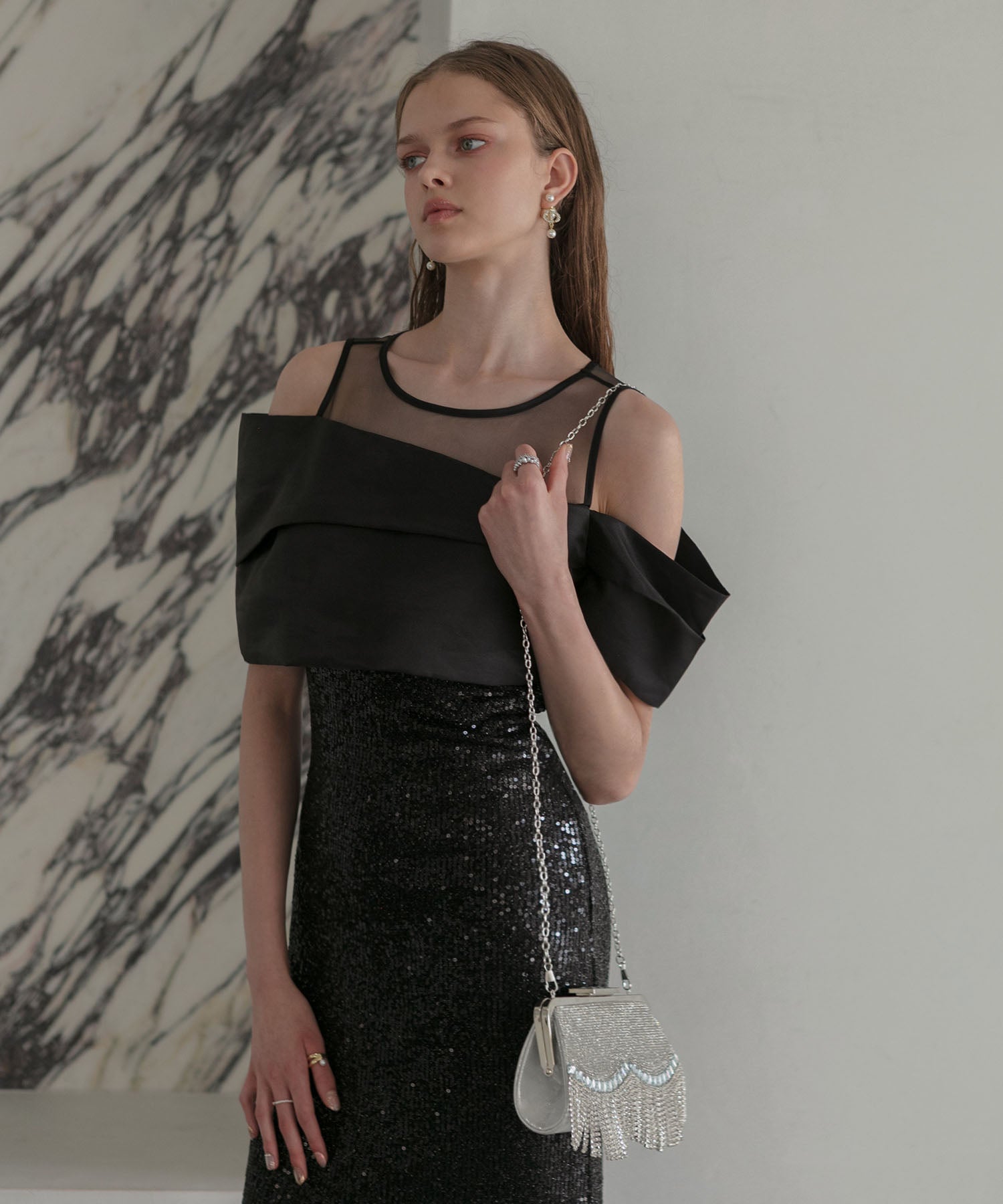 【LEJA LUXE】シースルーアシンメトリースパンコールスリットIラインドレス