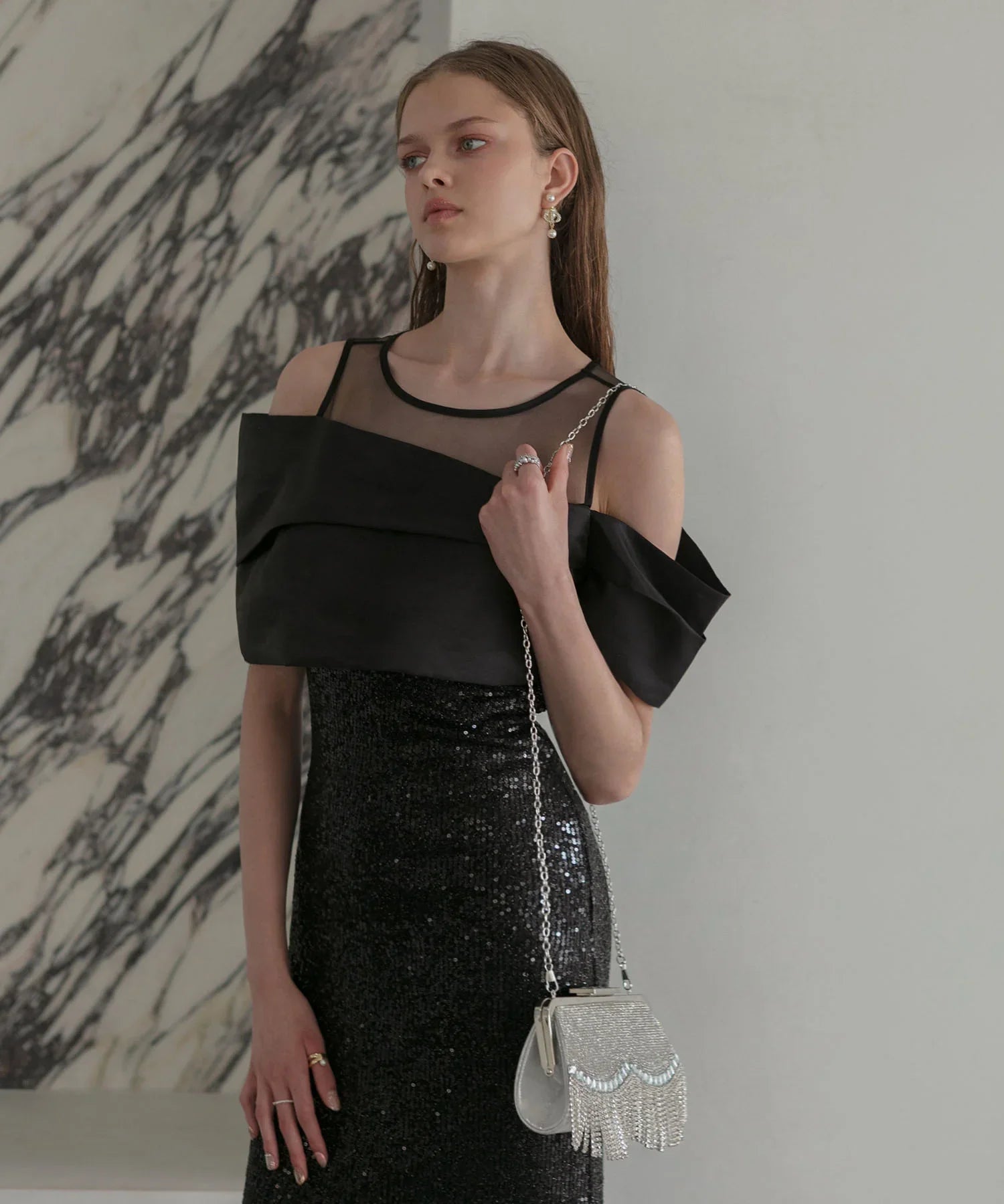 【LEJA LUXE】シースルーアシンメトリースパンコールスリットIラインドレス