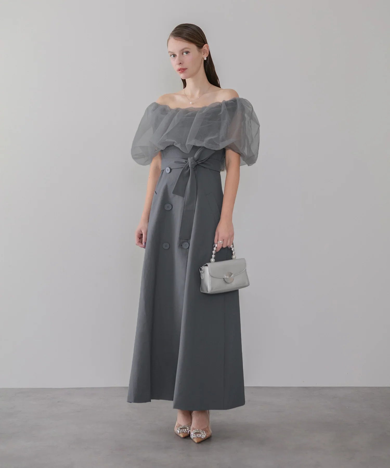 【当日発送】3WAYオフショルチュールトレンチディティールワンピ―スドレス