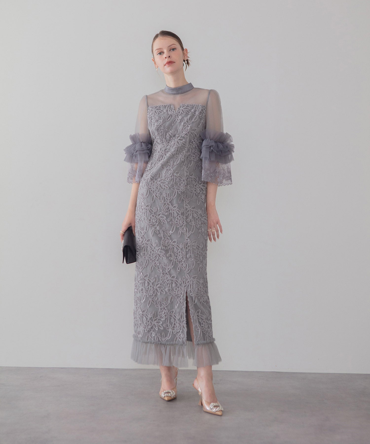 【COMING SOON】シアーチュールフラワーレースIラインワンピースドレス