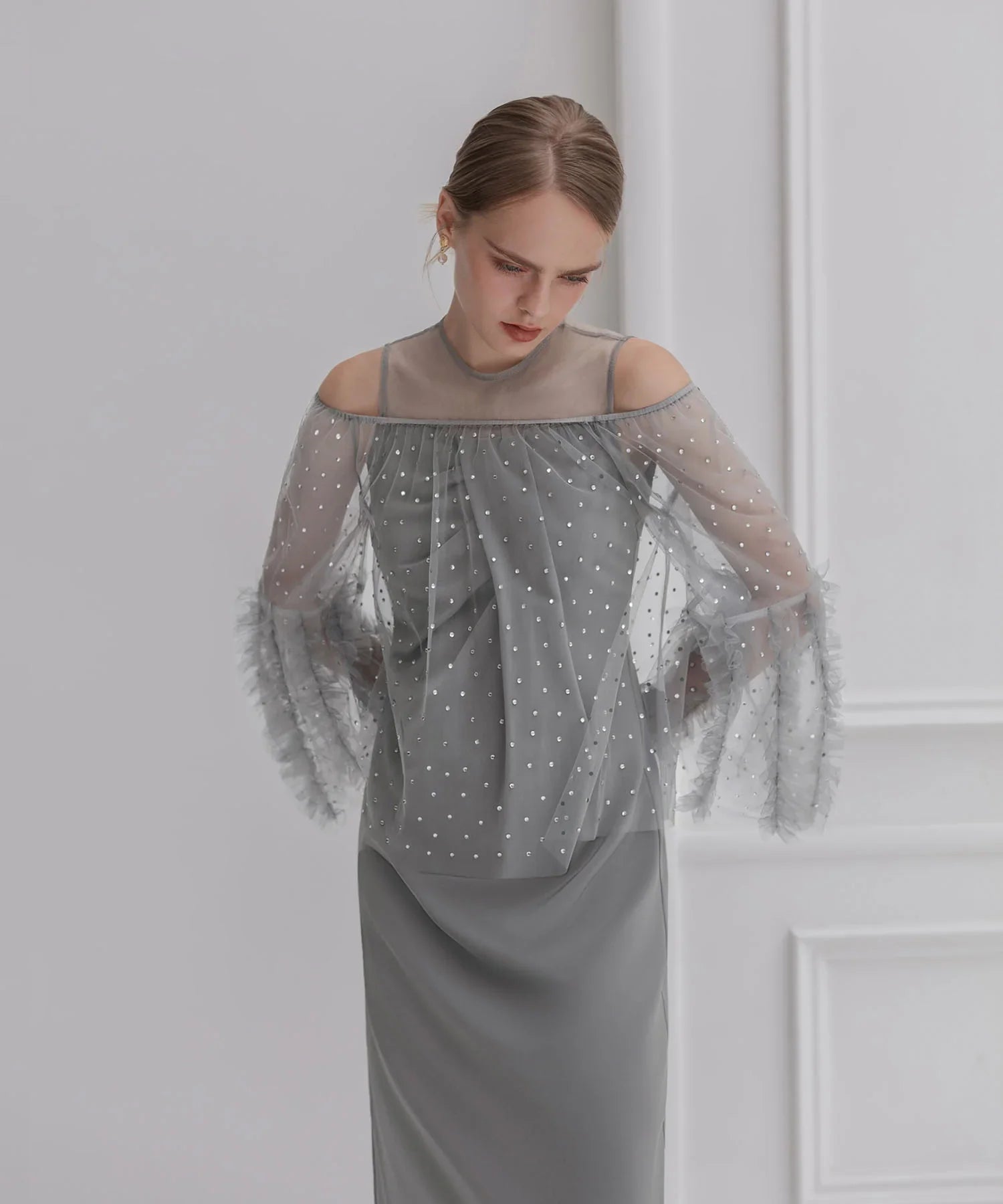 【当日発送】ドットストーンオフショルIラインワンピースドレス