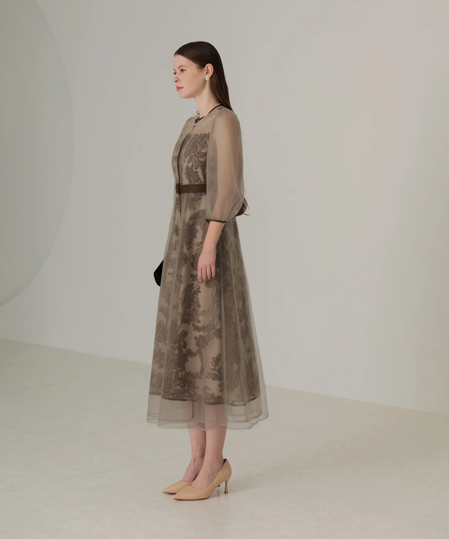 【当日発送】チュールパイピングリーフベルトAラインワンピースドレス