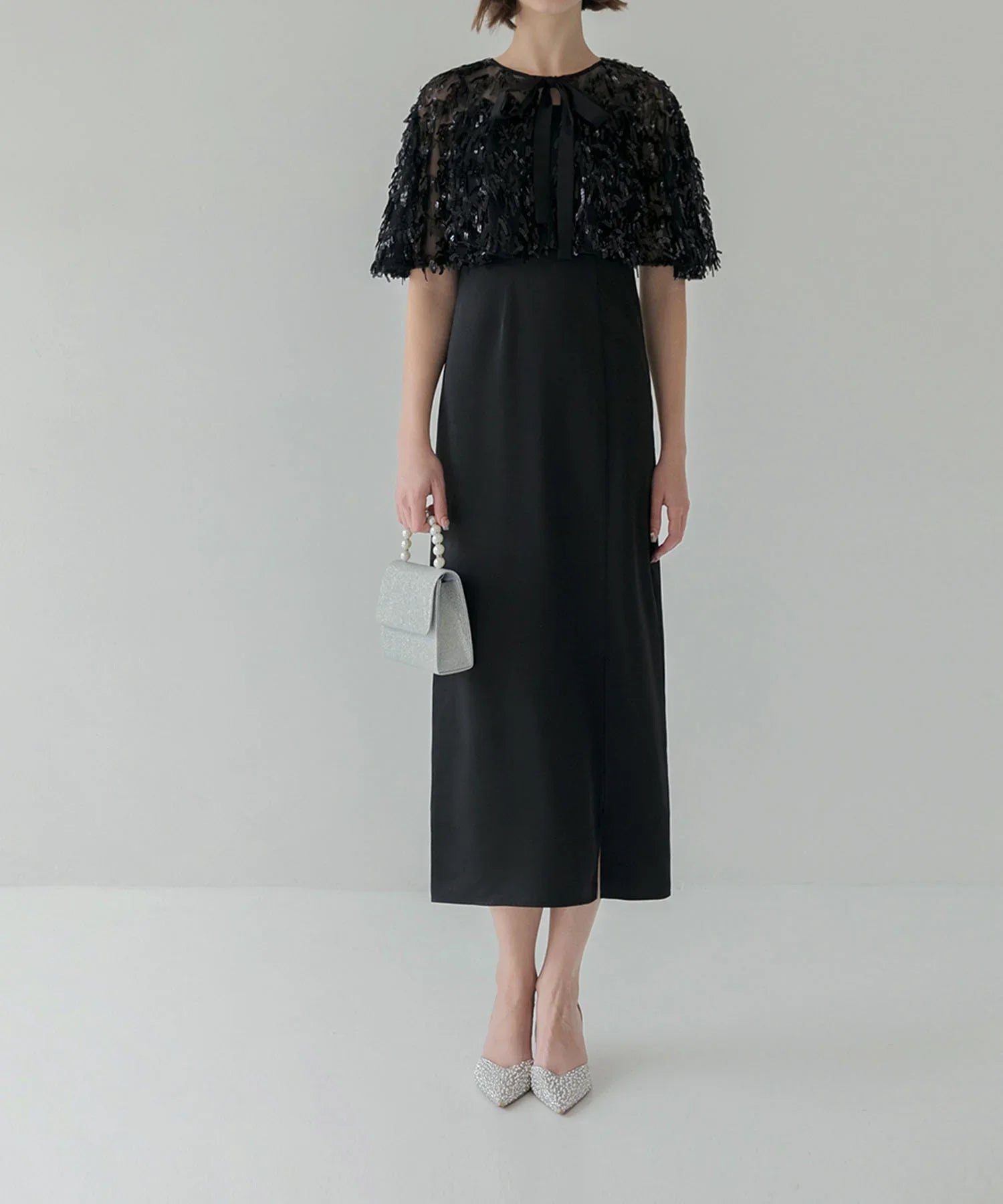 【当日発送】スパンコールフリンジケープ Iラインワンピースドレス